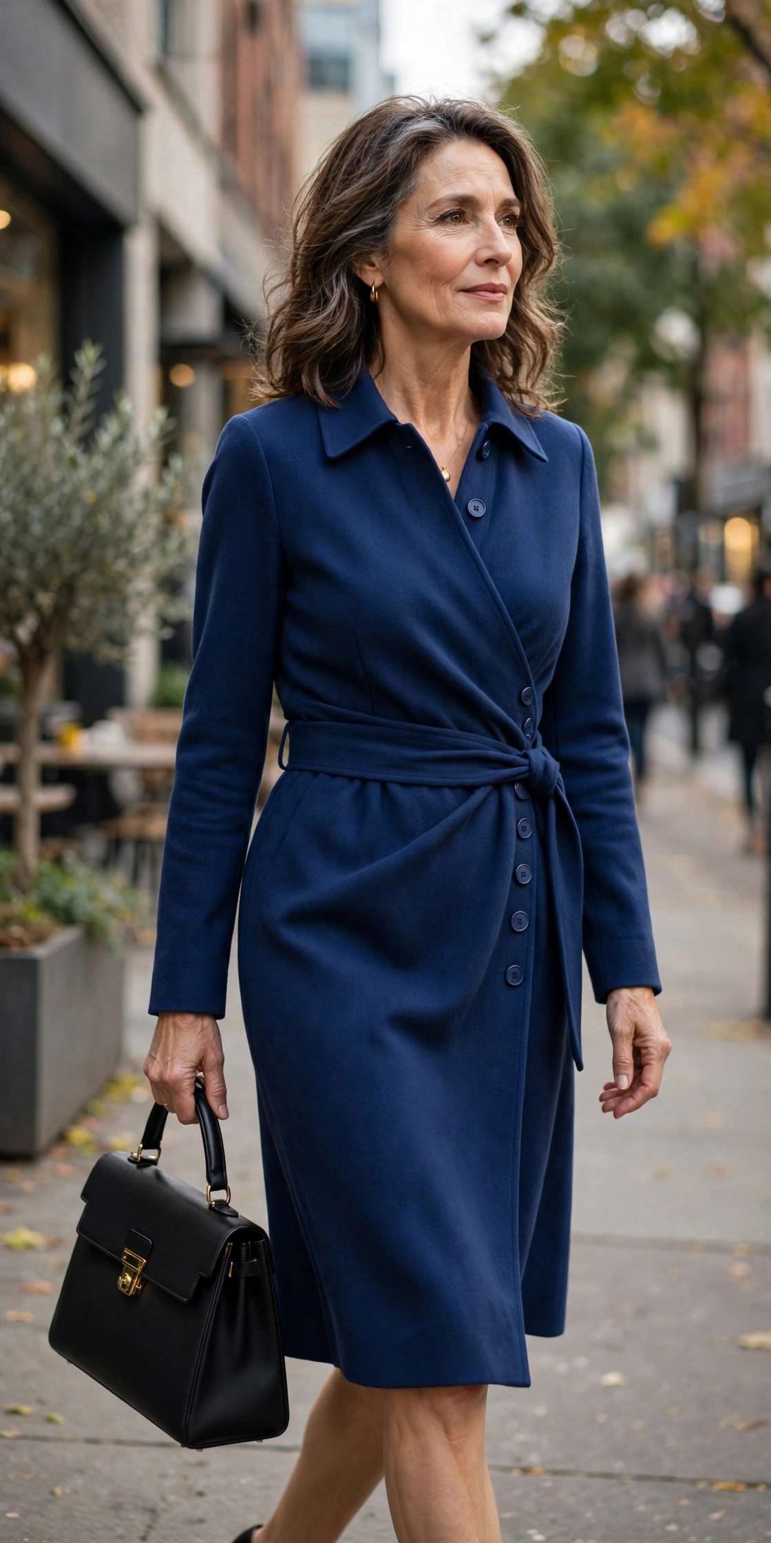 Sapphire blue wrap coat dress with structured black handbag on a woman over 50