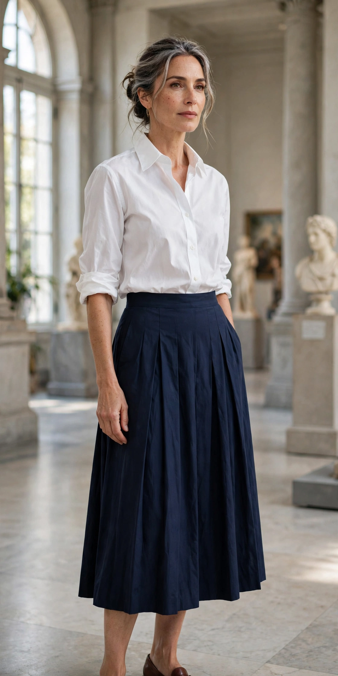 Crisp white poplin shirt with navy pleated midi skirt worn in a bright museum hall