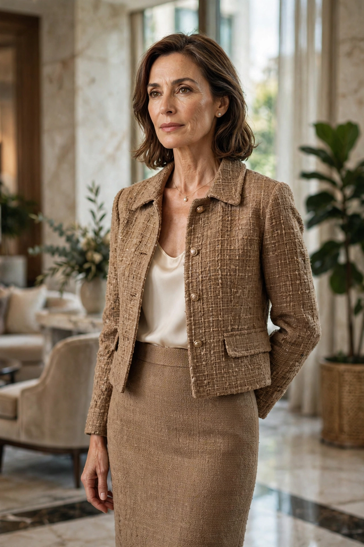 Mocha tweed cropped jacket with matching pencil skirt and cream silk shell