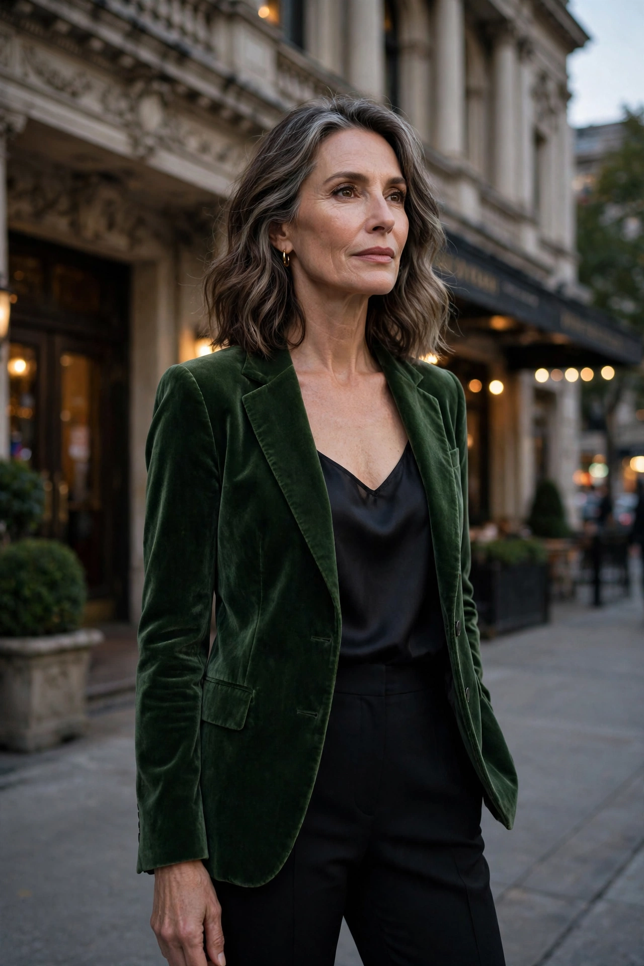 Forest green velvet blazer over black silk shell and trousers on a woman over 50