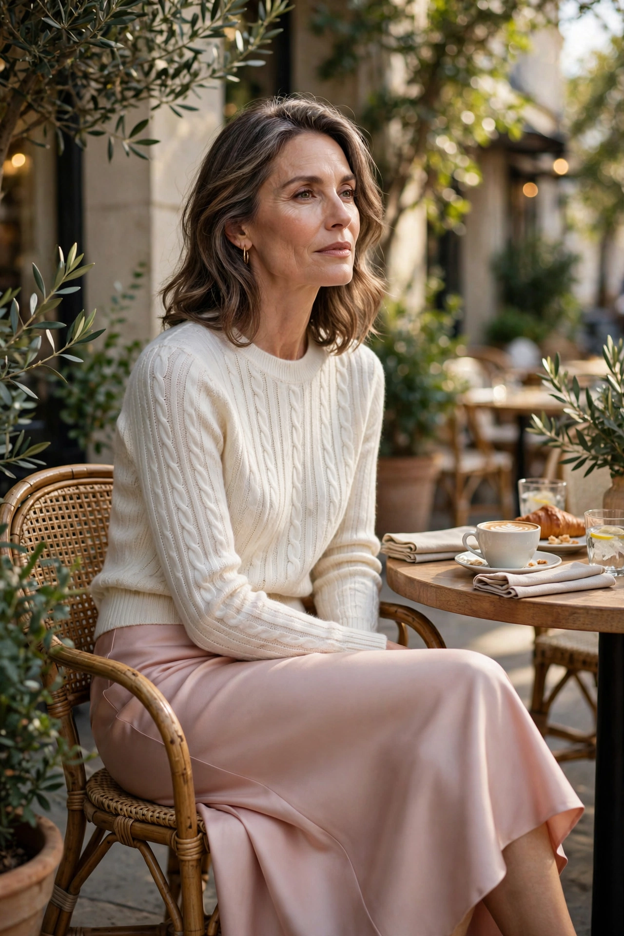 Blush silk midi skirt with tucked ivory knit sweater on a woman over 50 at a café terrace