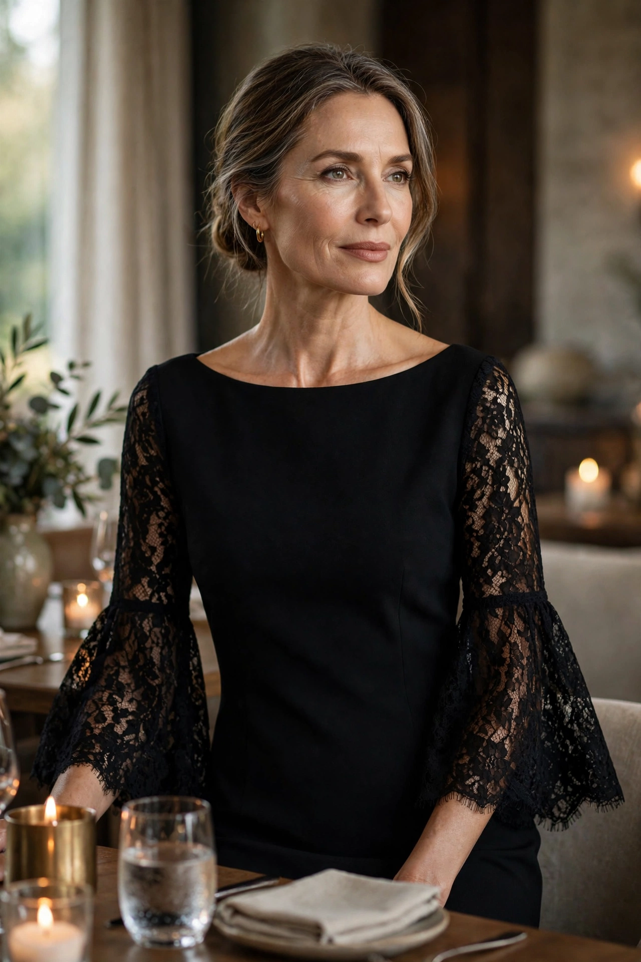 Black knee-length dress with lace bell sleeves and boat neckline at a candlelit restaurant