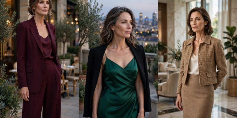 Elegant outfits for women over 50 collage: bordeaux pantsuit, emerald slip dress, tweed suit