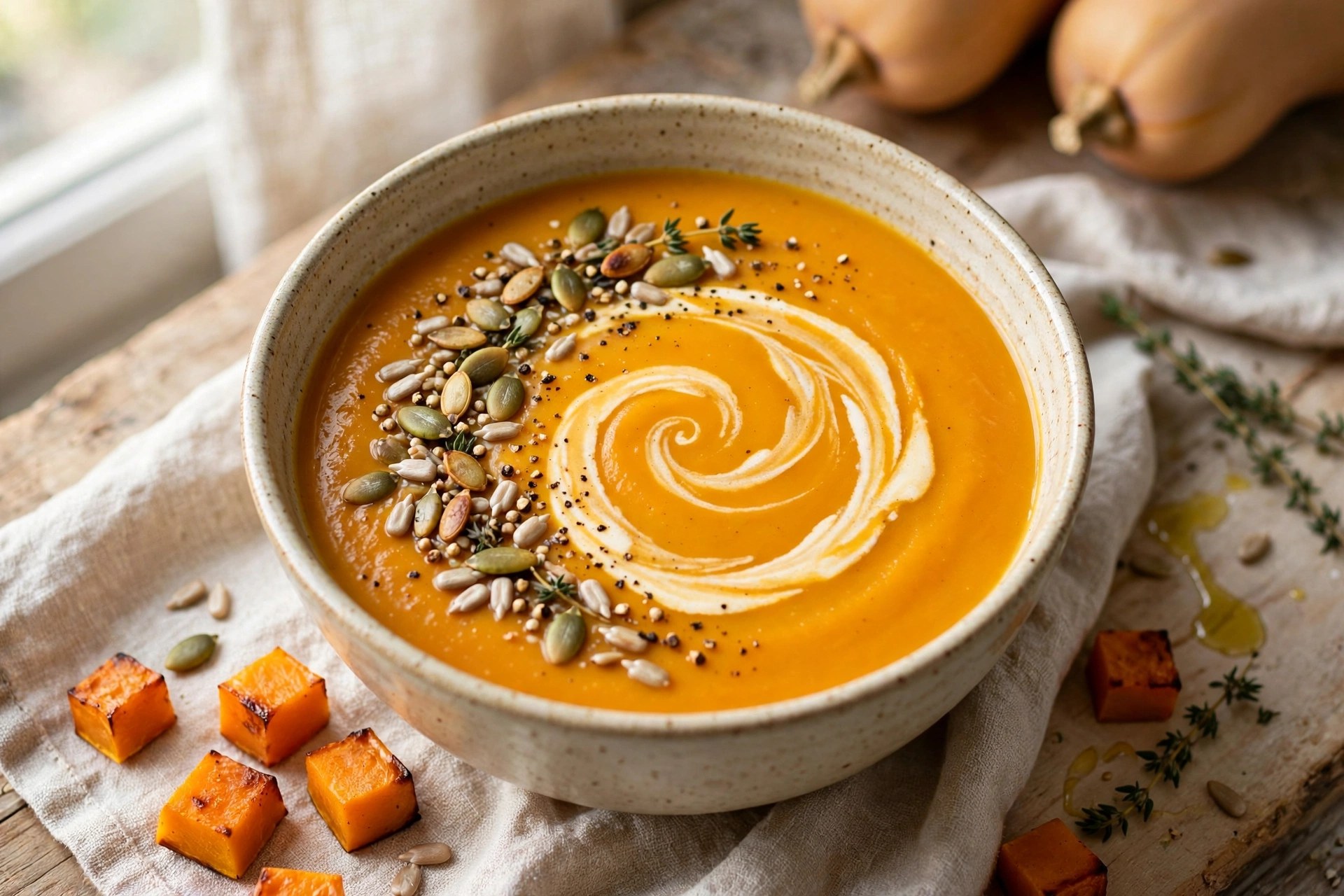 Roasted butternut squash soup with cream swirl and seeds