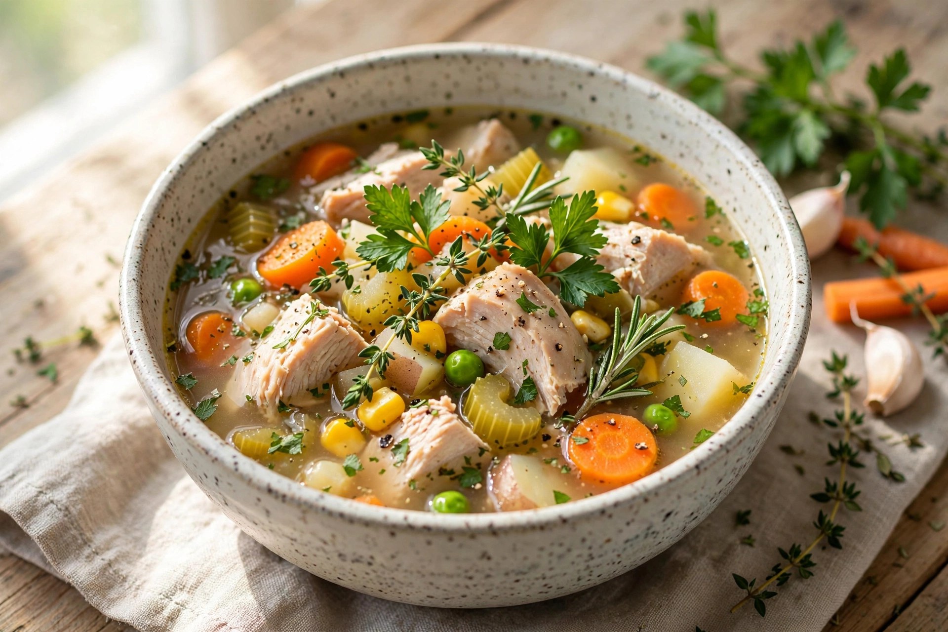 Turkey and vegetable soup with herbs in a bowl