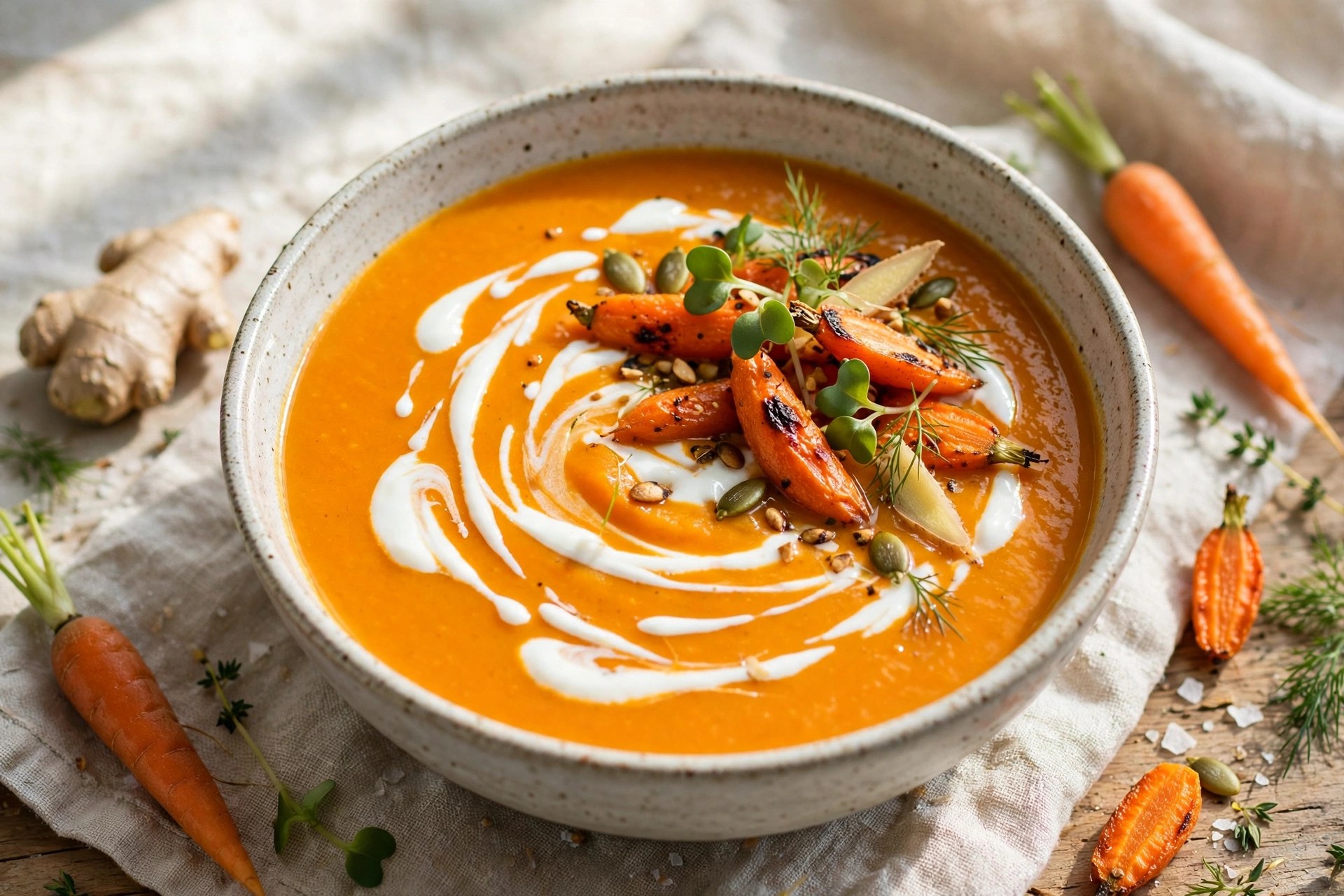 Roasted carrot ginger soup with yogurt drizzle