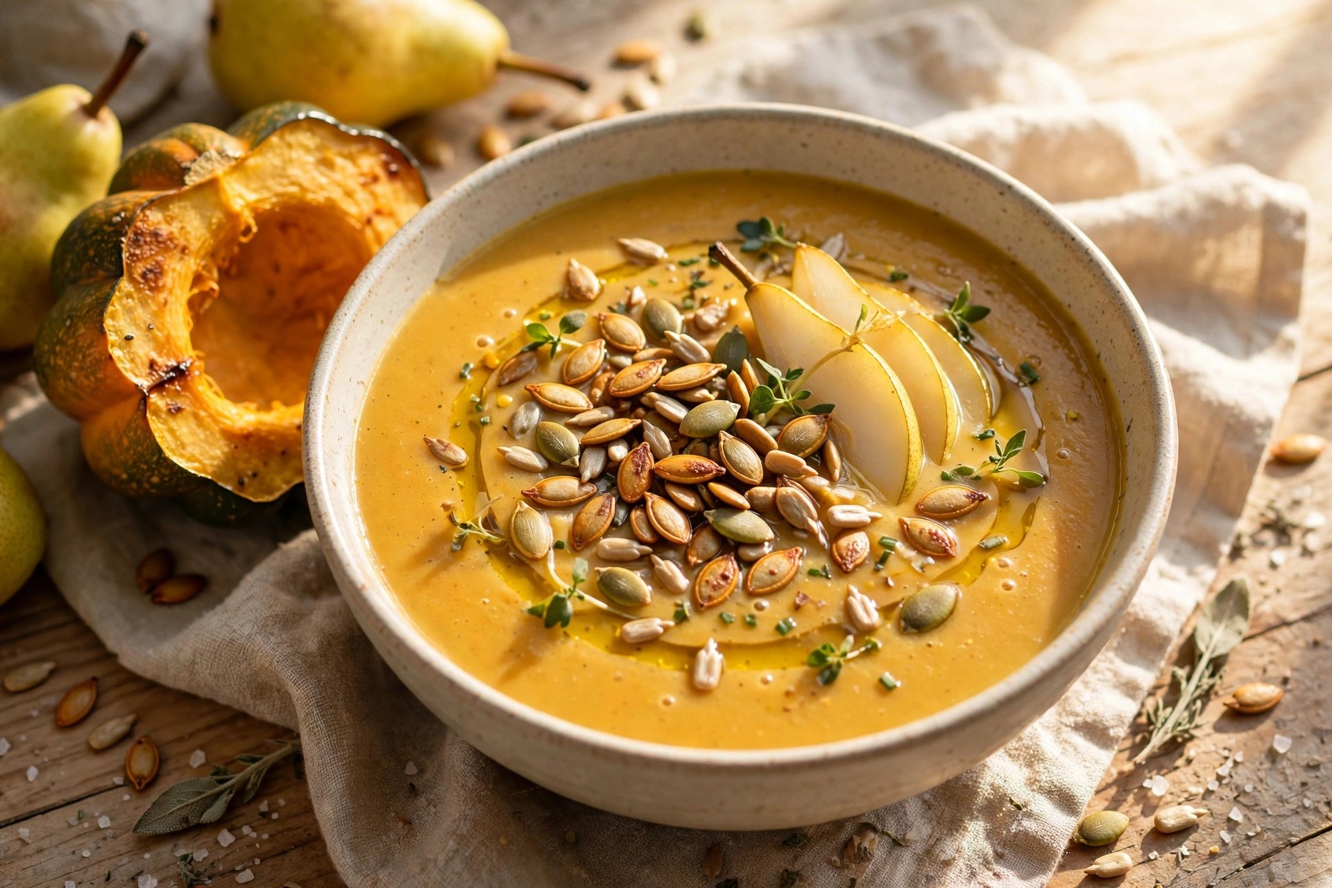 Acorn squash and pear soup with toasted seeds