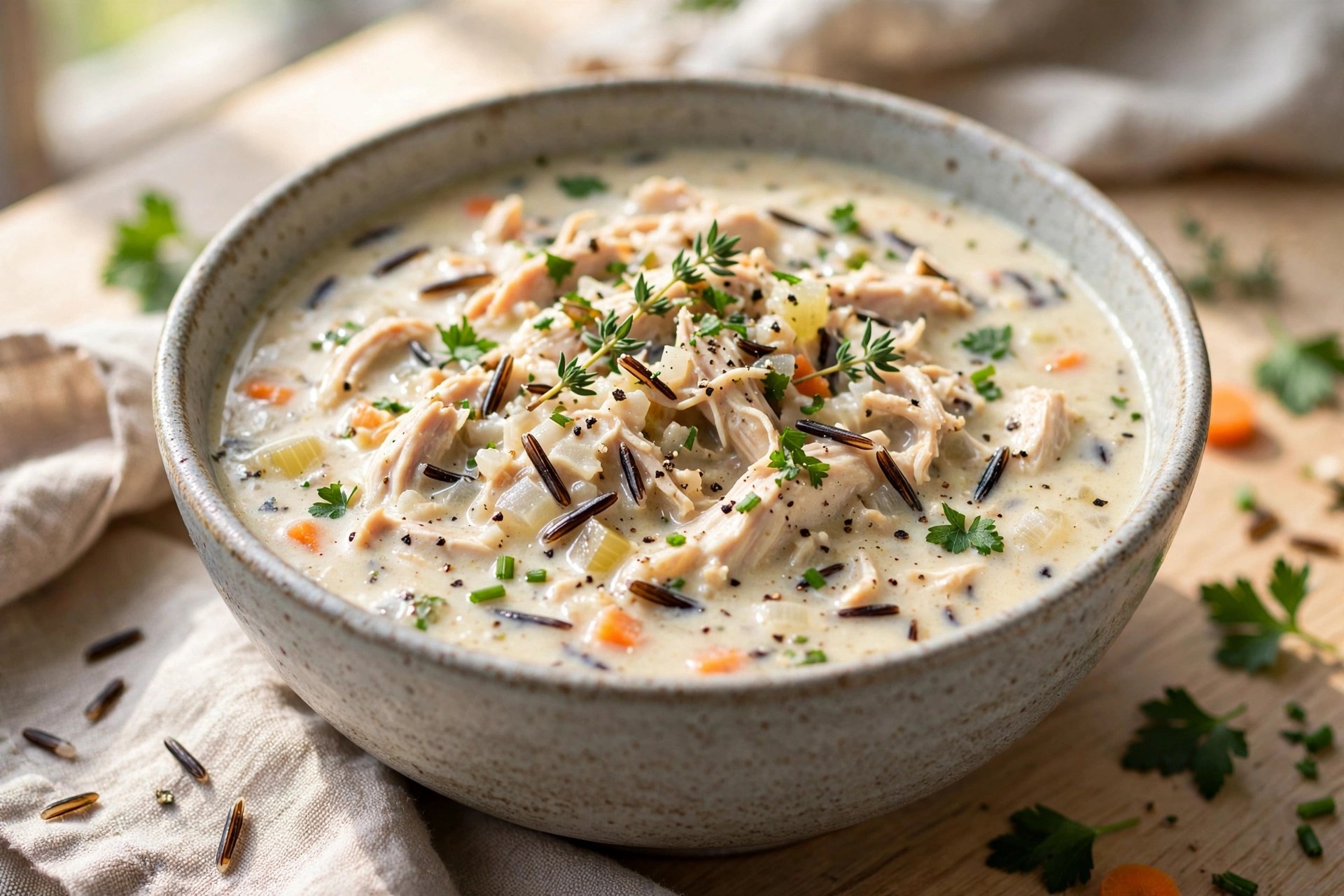 Chicken and wild rice soup with herbs