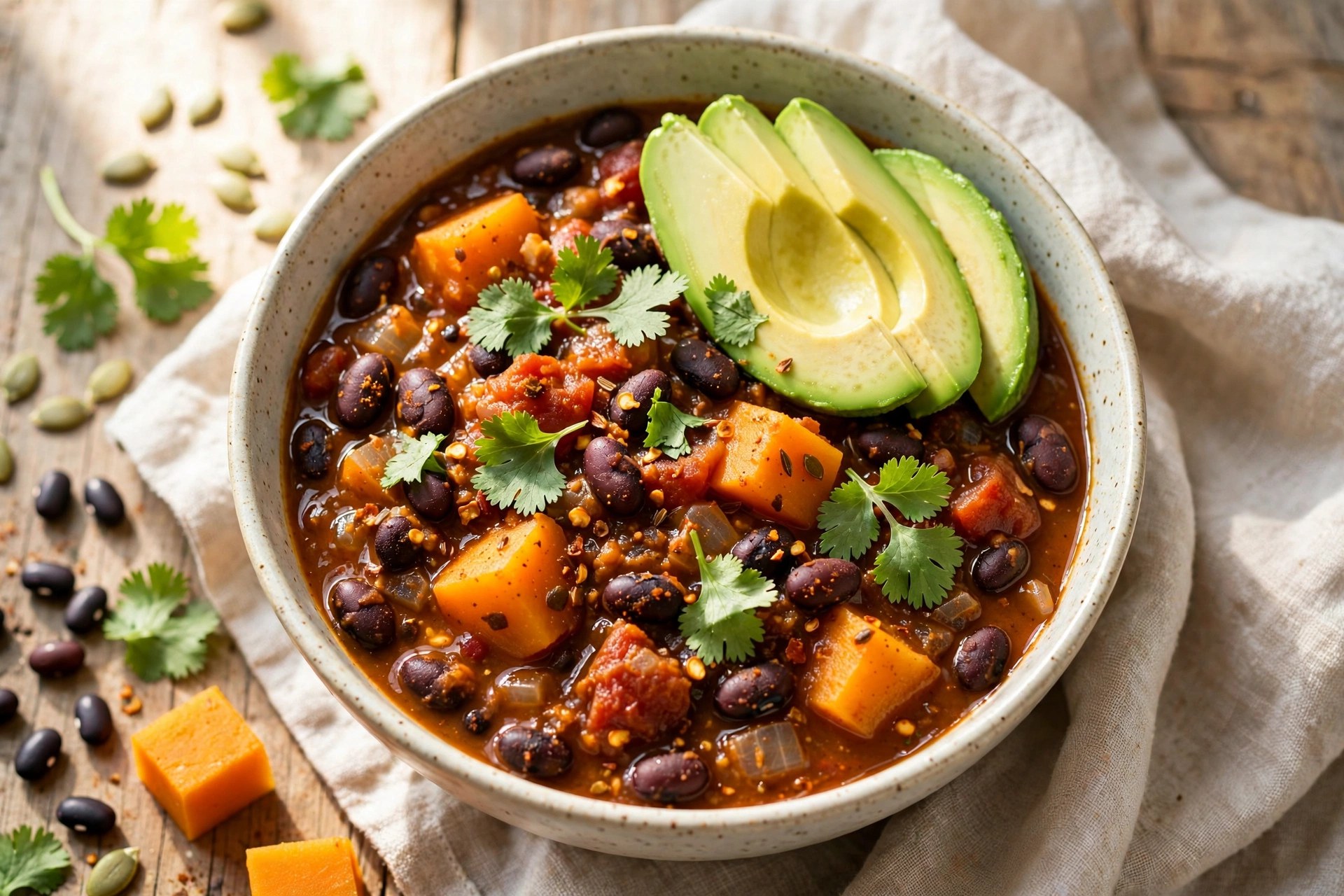 Pumpkin black bean chili with avocado and cilantro