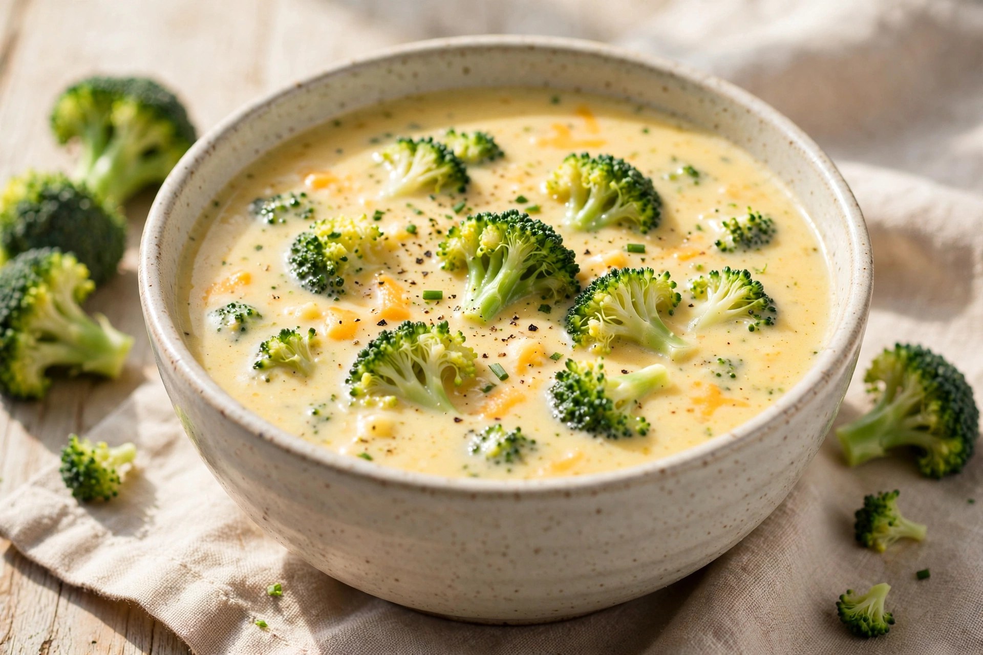 Light broccoli cheddar soup with broccoli florets