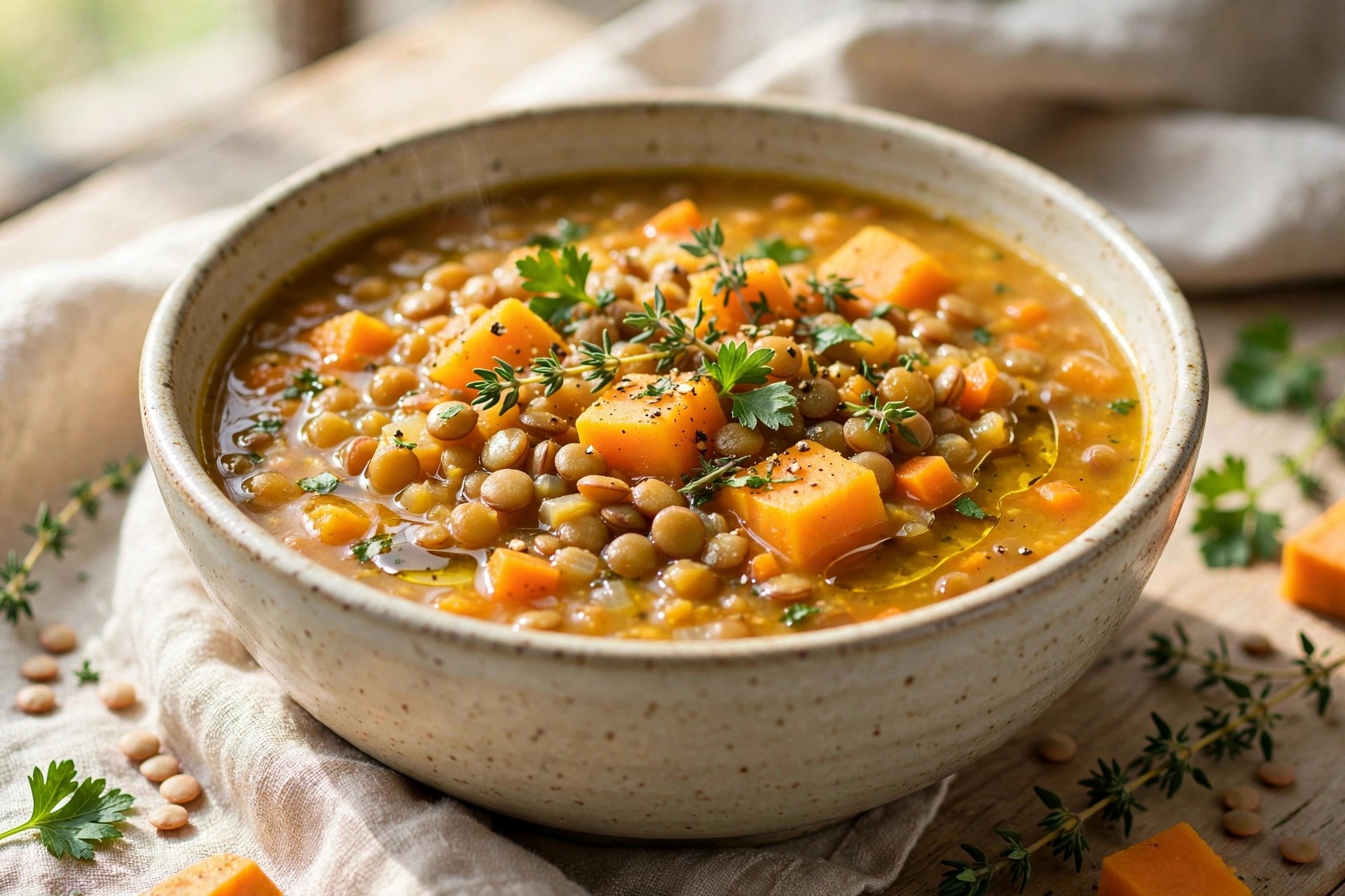 Lentil and sweet potato soup with herbs
