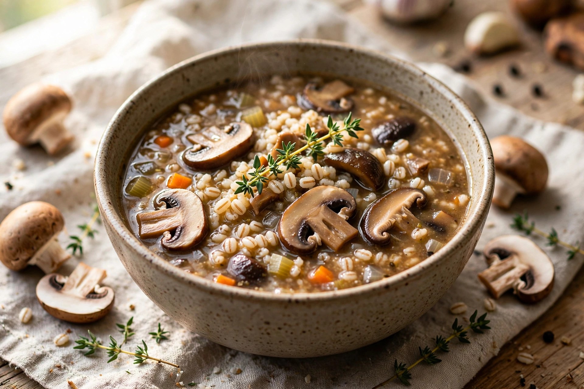 Mushroom barley soup with thyme