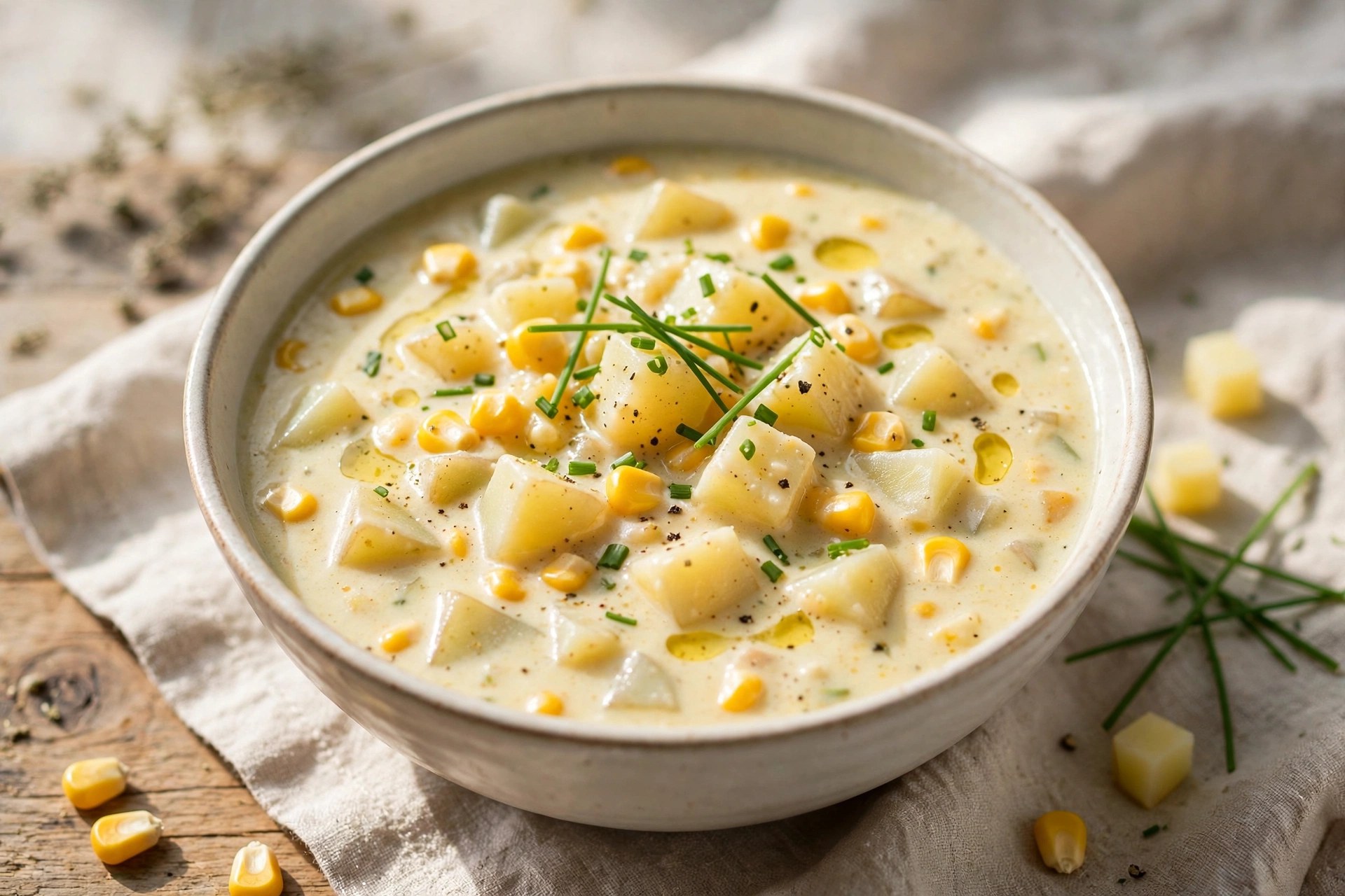 Light corn and potato chowder with chives