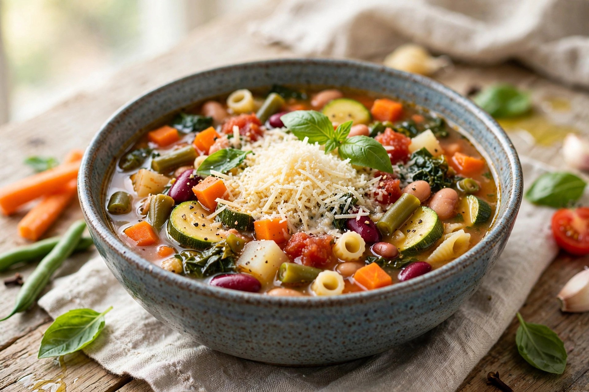 Classic minestrone soup with parmesan and basil