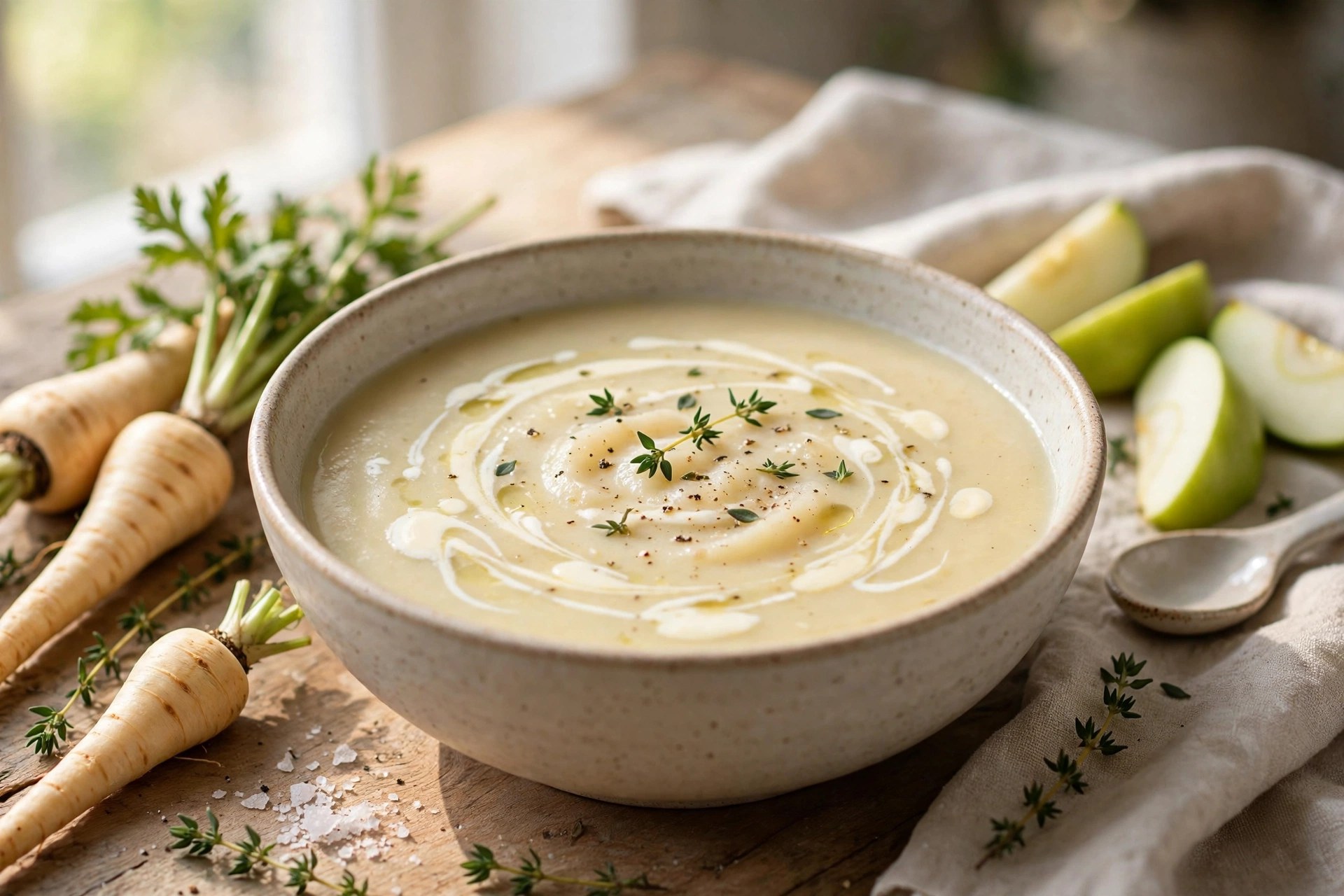 Parsnip and apple soup with cream drizzle