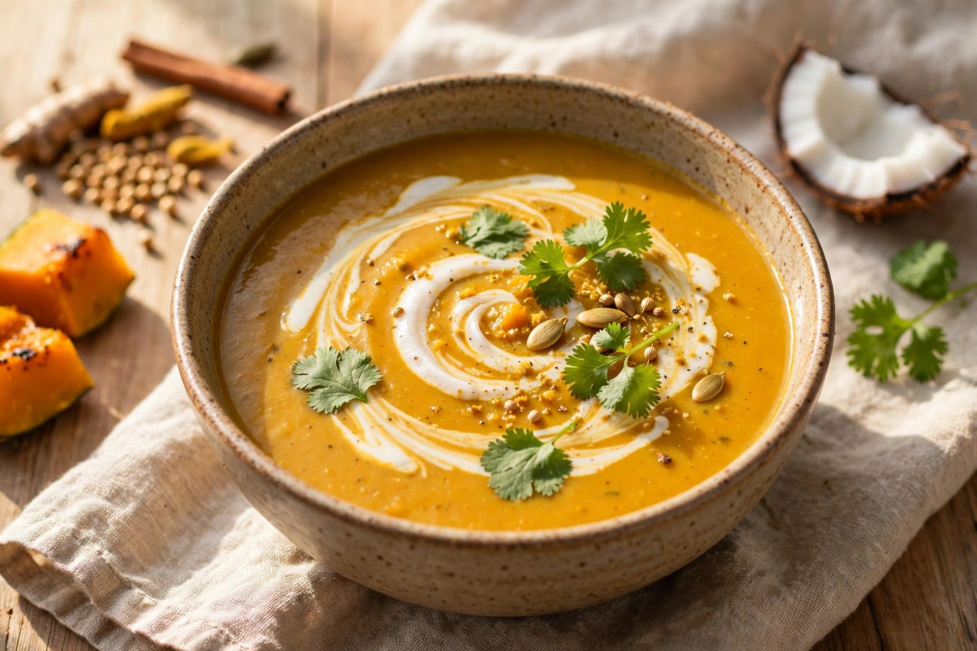 Curried pumpkin soup with coconut swirl and cilantro