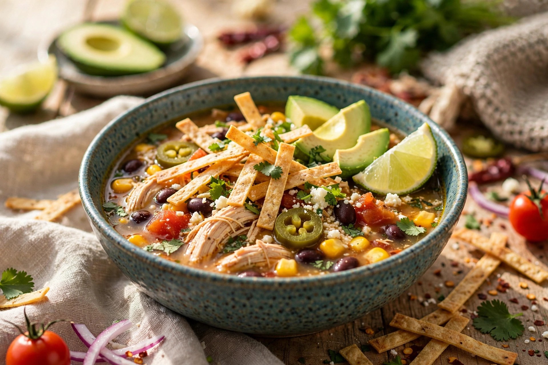 Chicken tortilla soup with avocado and tortilla strips
