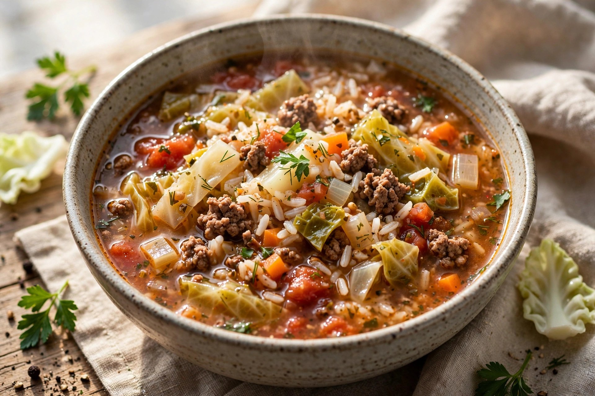 Cabbage roll soup with ground beef and rice