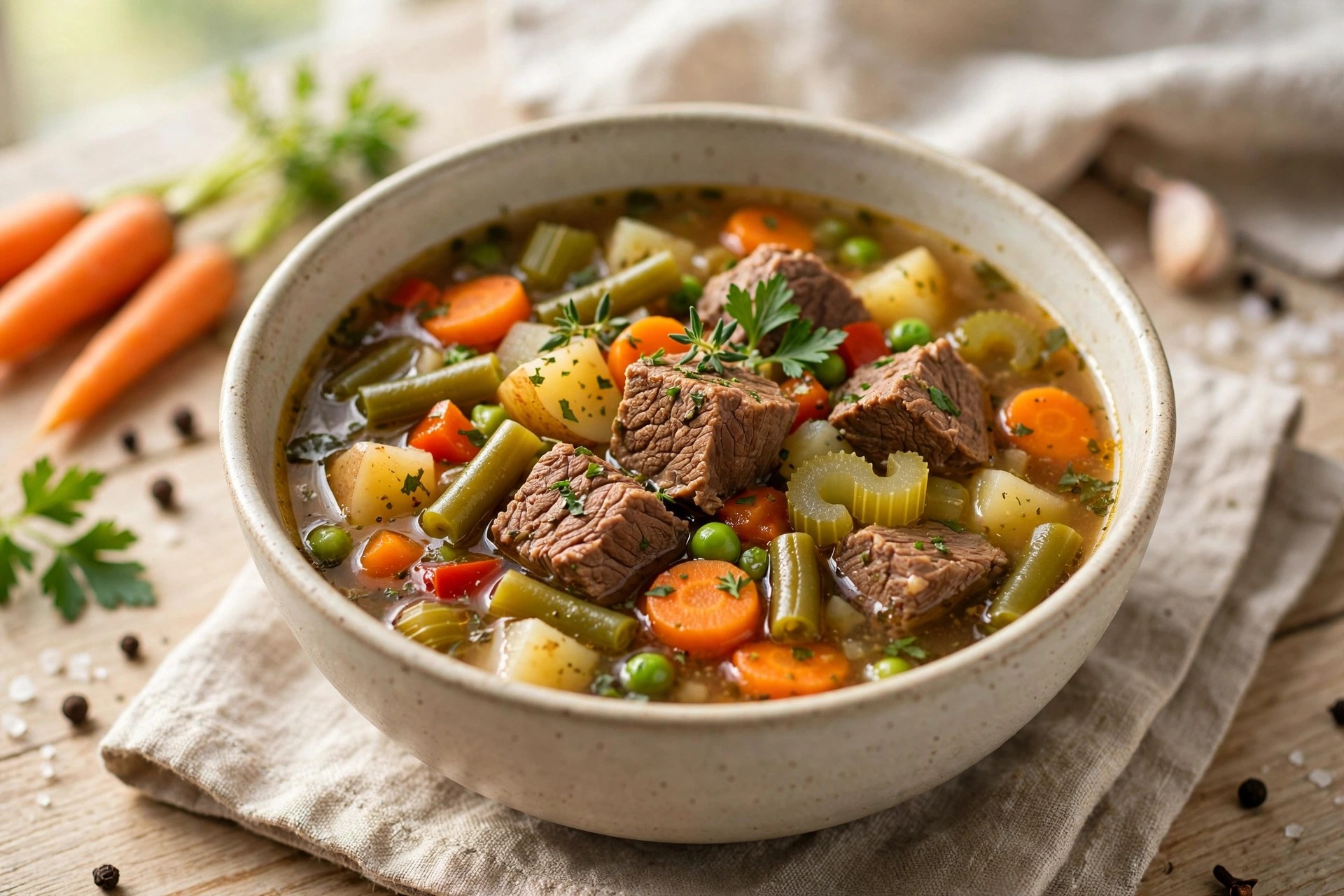 Beef and vegetable soup with colorful vegetables