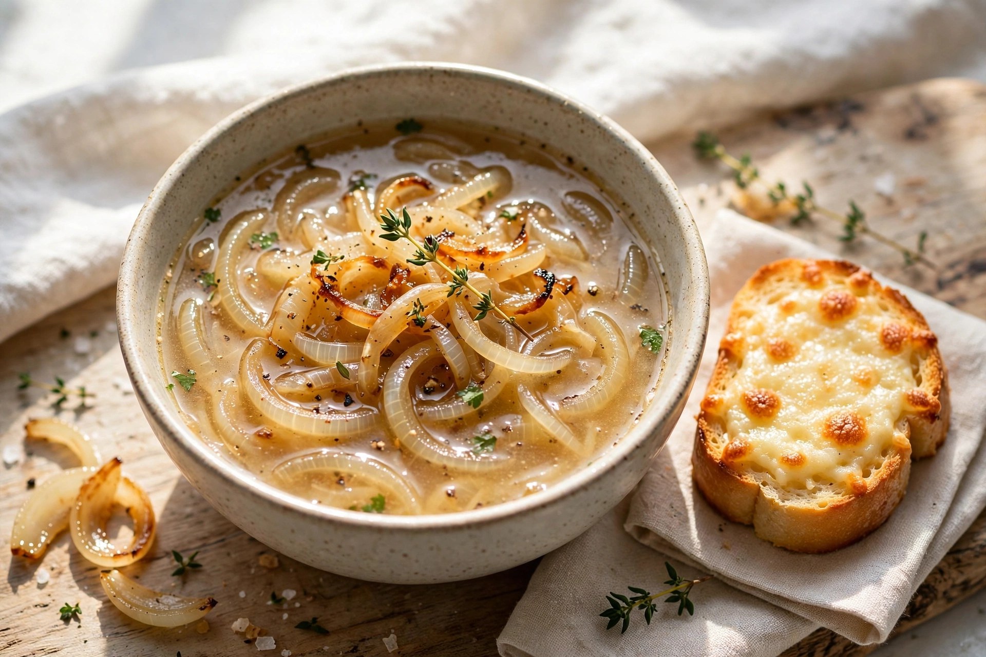 Lightened french onion soup with cheese toast