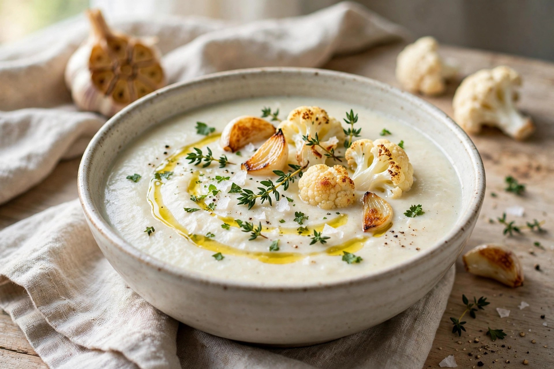 Roasted garlic cauliflower soup with herbs