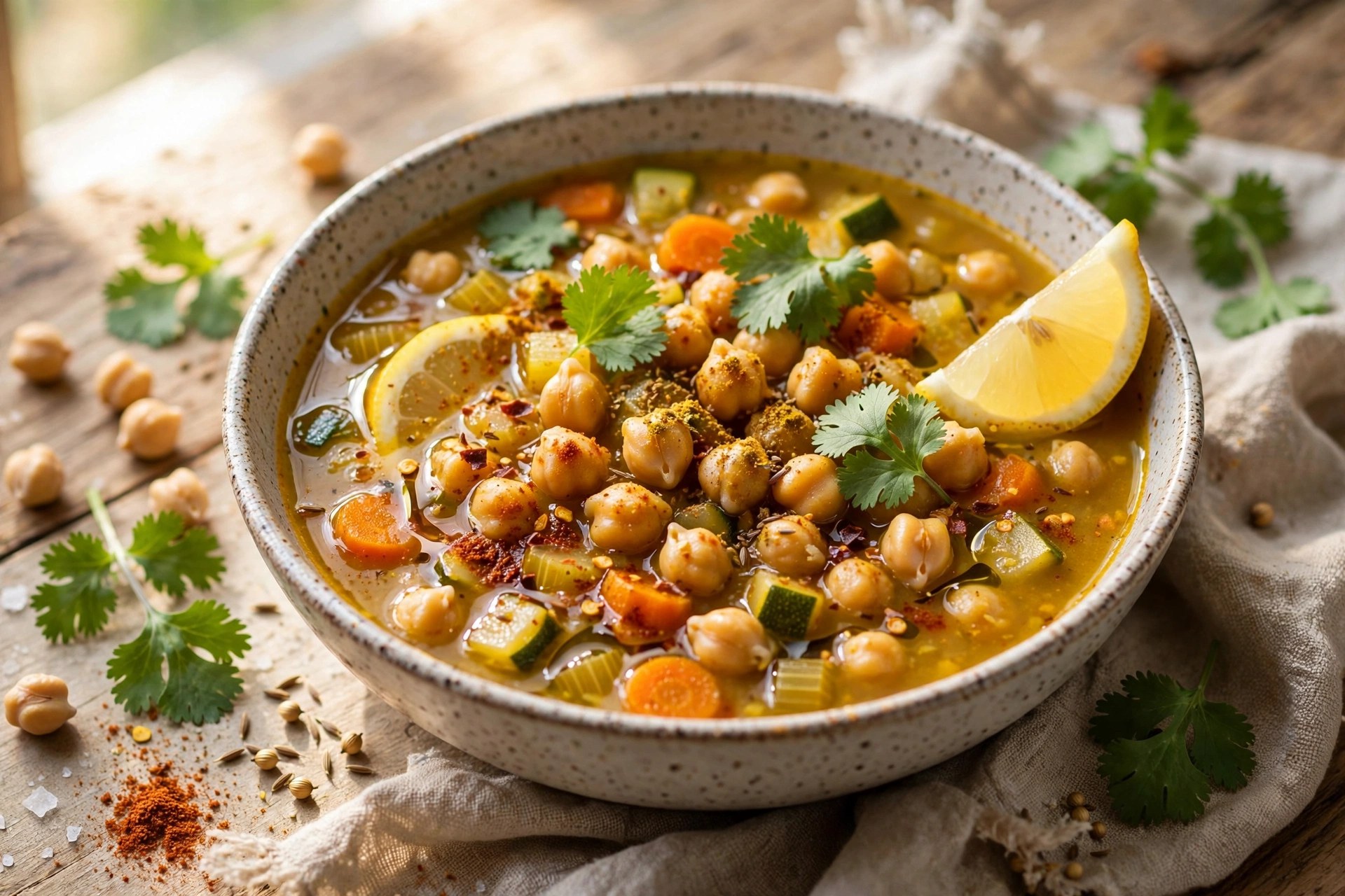 Moroccan chickpea soup with cilantro and lemon