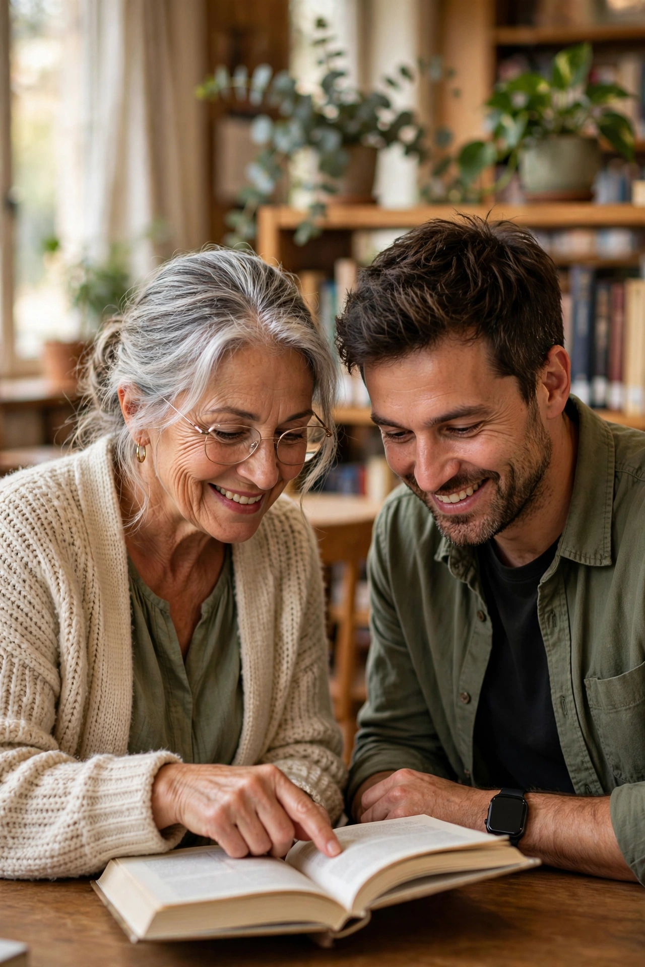 Woman in her 60s tutoring an adult student reading a book at the library