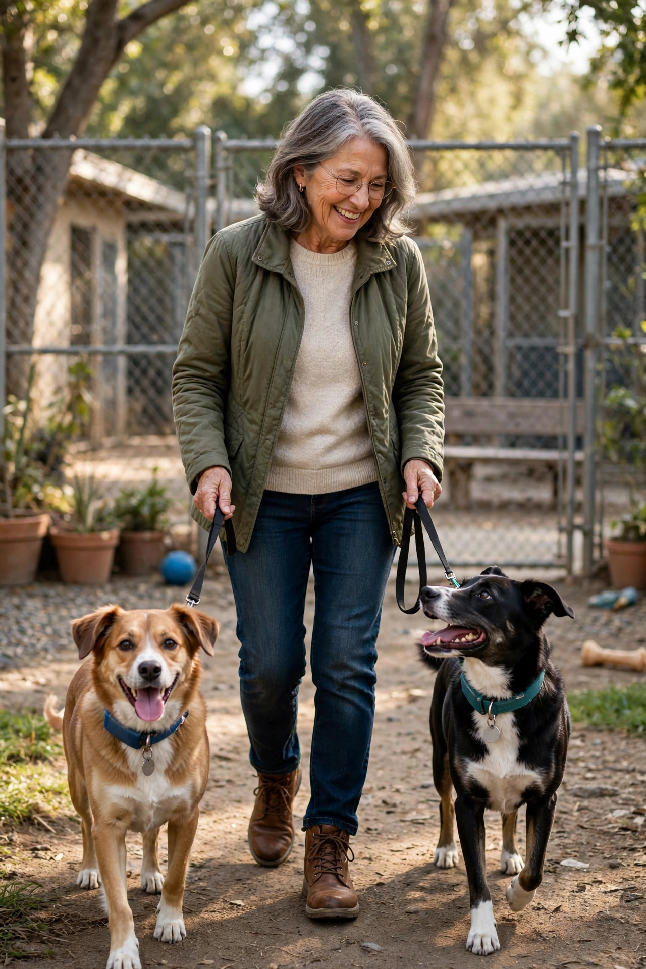 Woman in her 60s walking two shelter dogs at an animal rescue yard