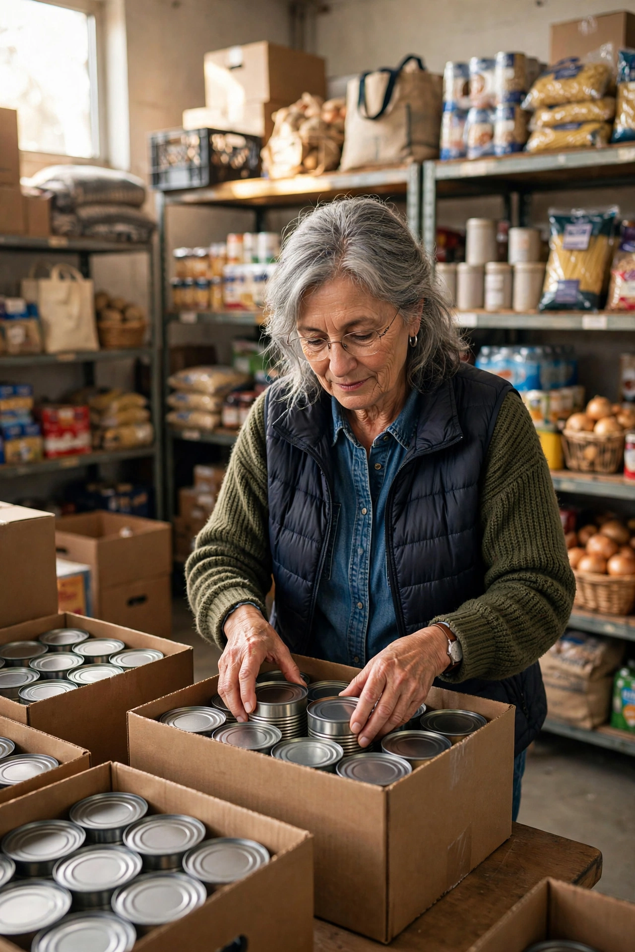 Retiree packing boxes of canned food donations at a food bank warehouse