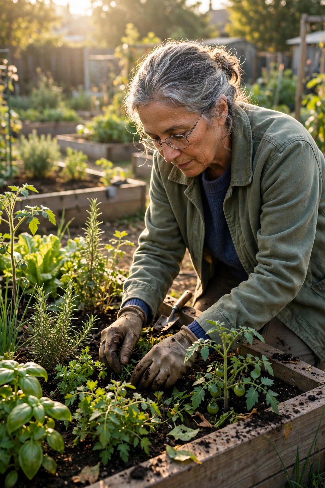 Older woman tending a raised vegetable bed in a community garden