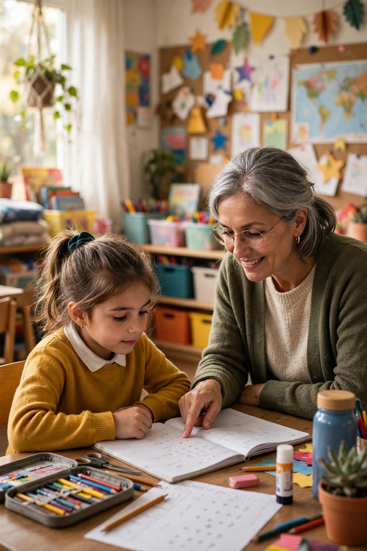 Woman in her 60s helping a young student with homework after school