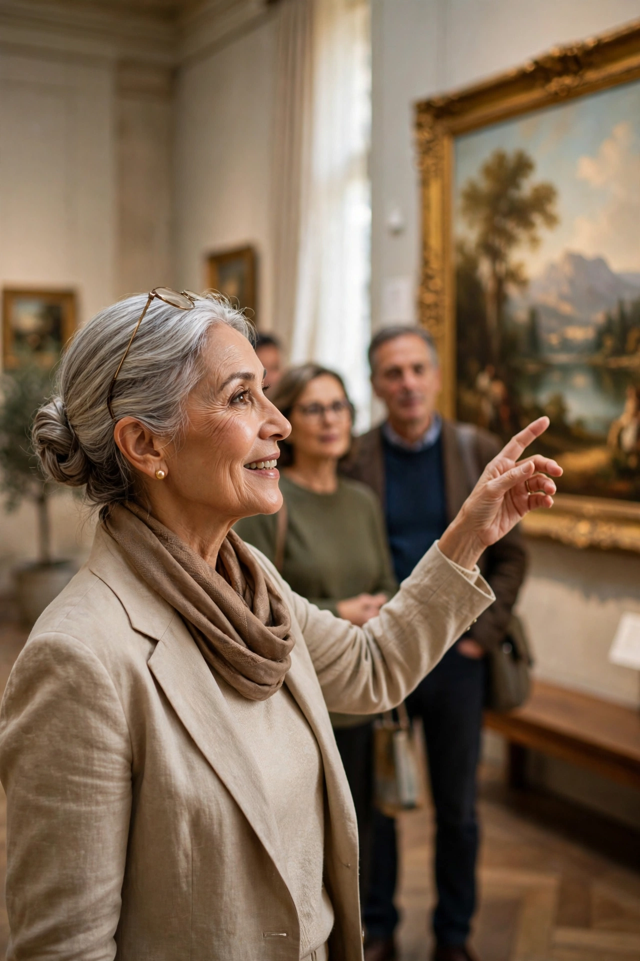 Elegant older woman leading a museum tour in an art gallery