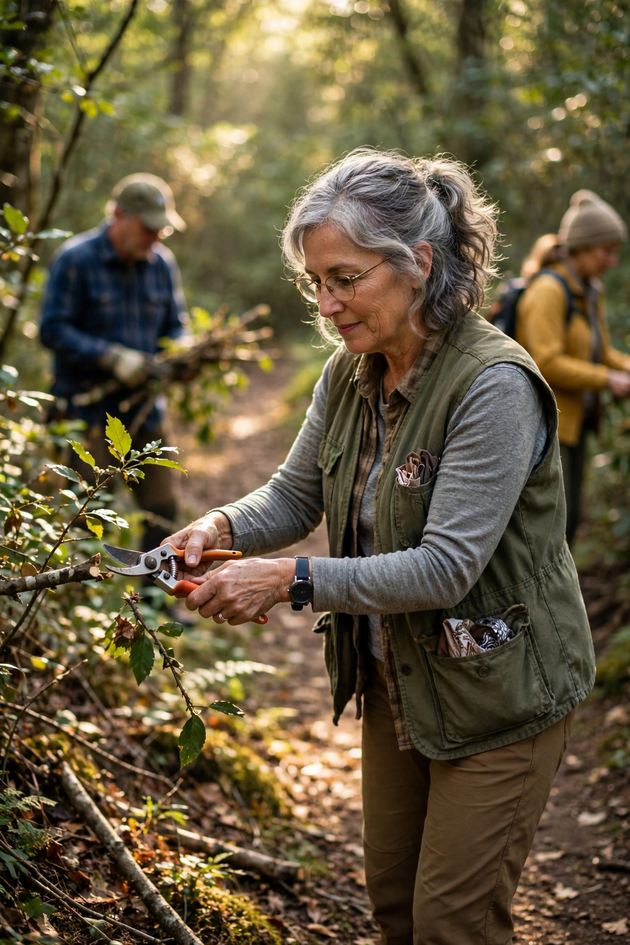 Woman in her 60s clearing branches on a forest trail with pruning shears