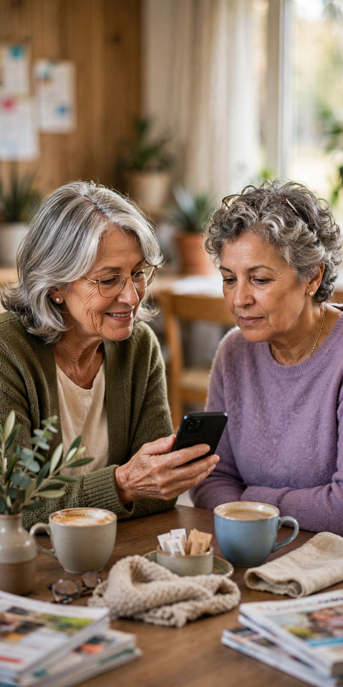 Senior woman teaching another senior how to use a smartphone