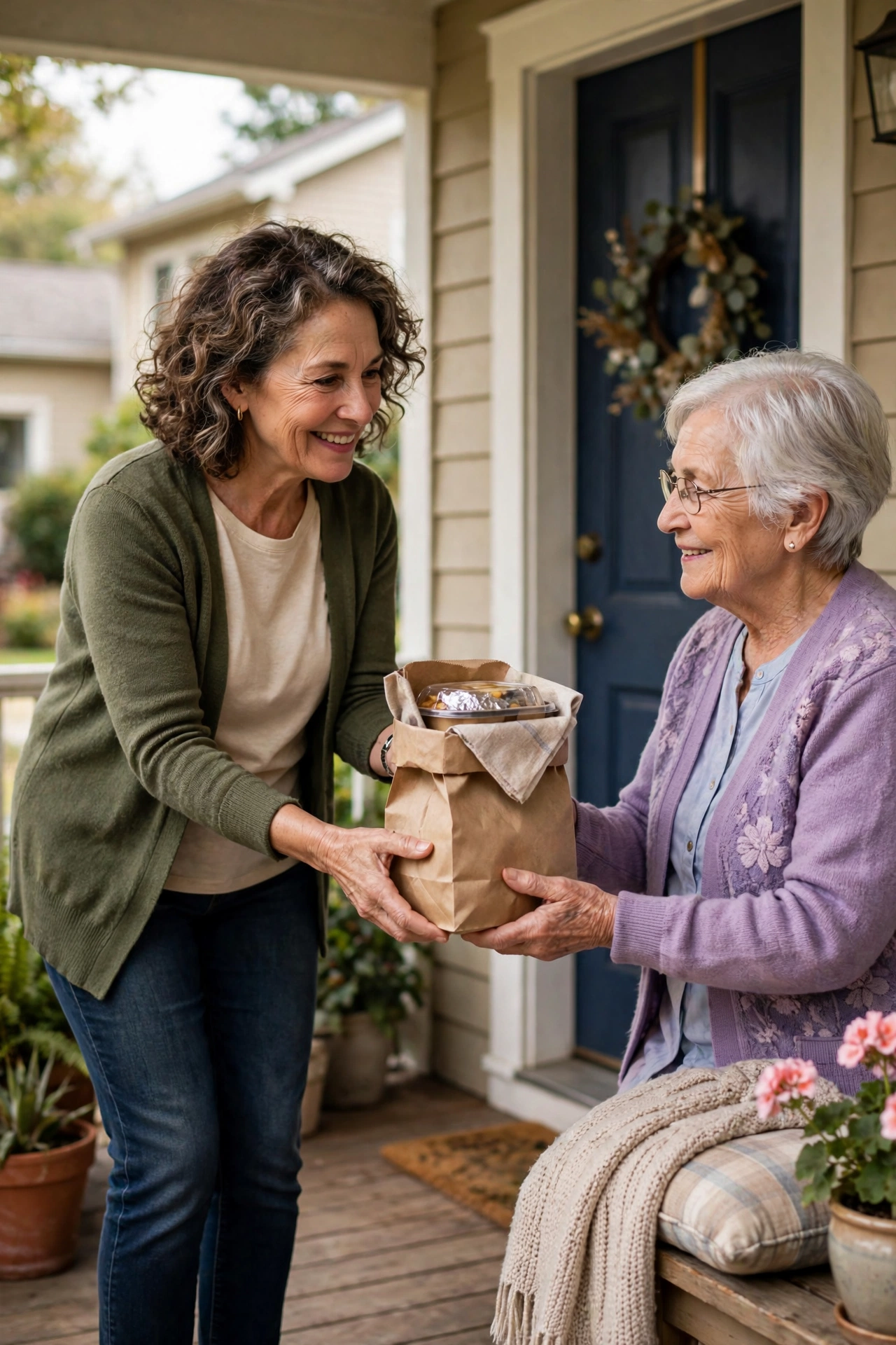 Volunteer delivering a warm meal bag to an elderly neighbor at the front door