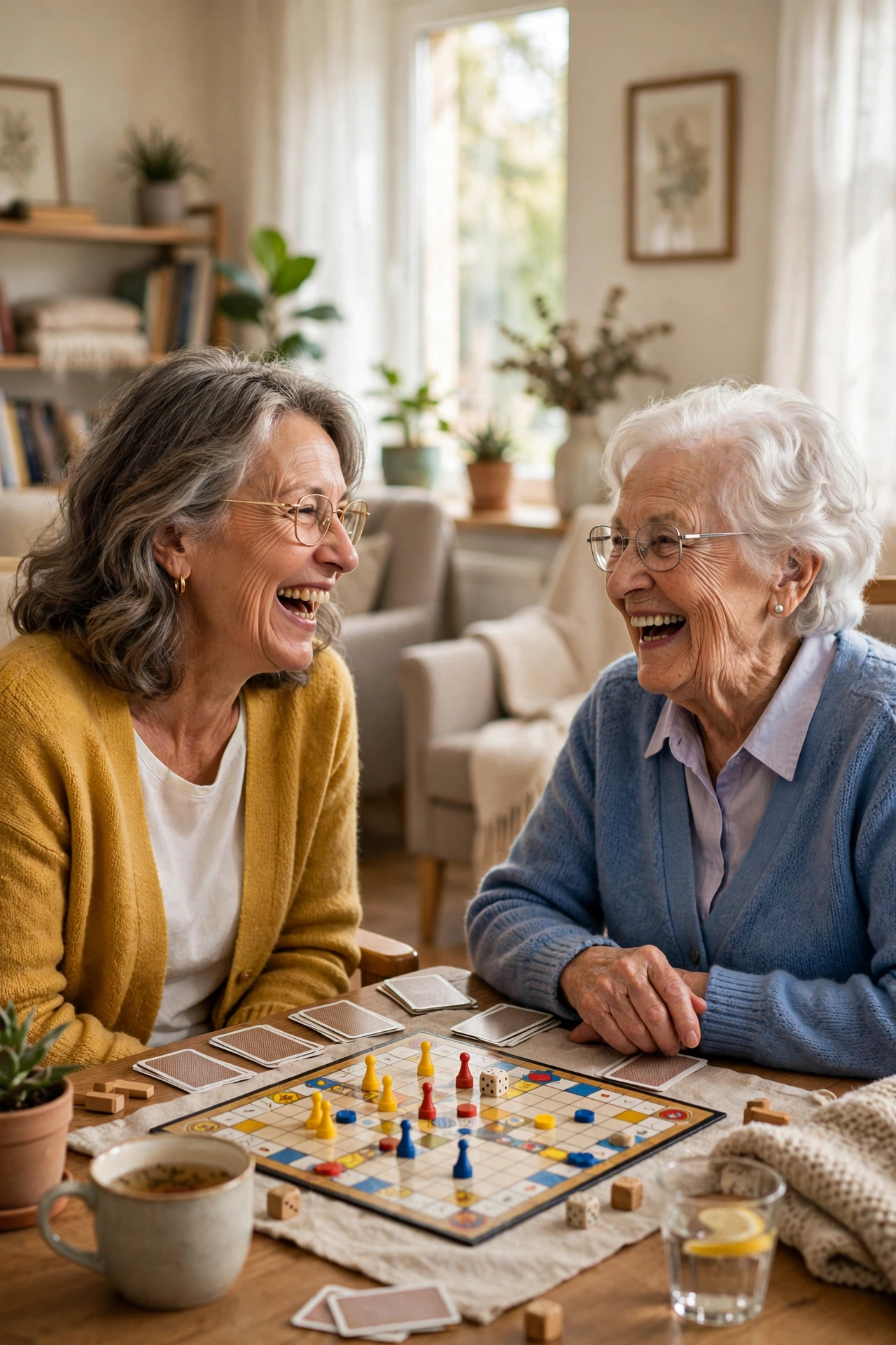 Older woman playing a board game with a nursing home resident