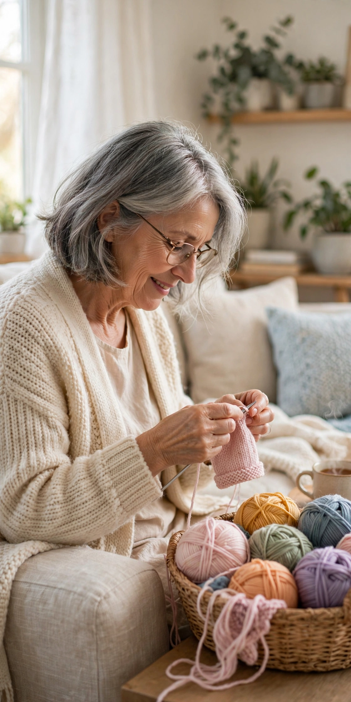 Woman in her 60s knitting baby hats for charity in a cozy living room
