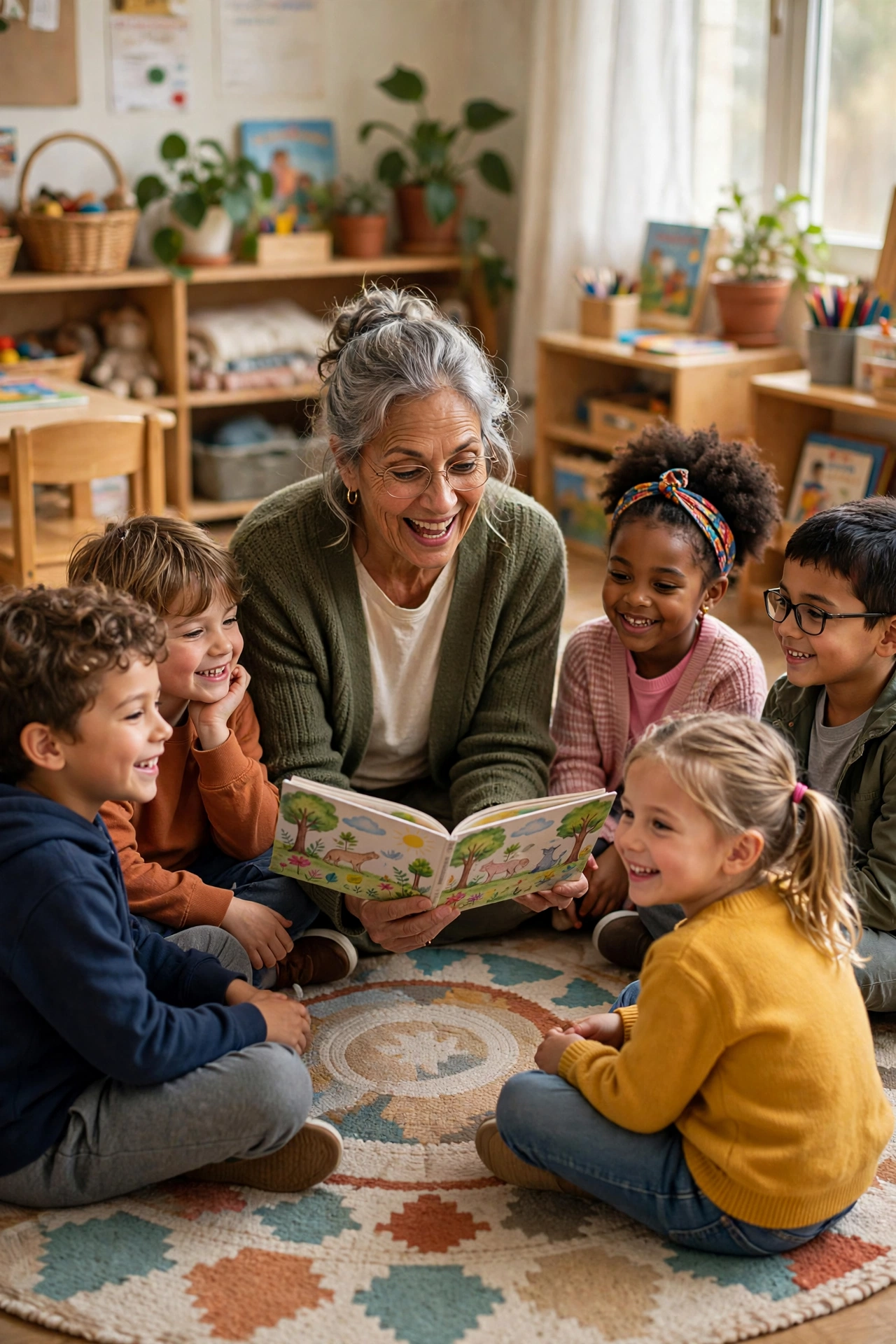 Older woman reading a picture book to children in a classroom