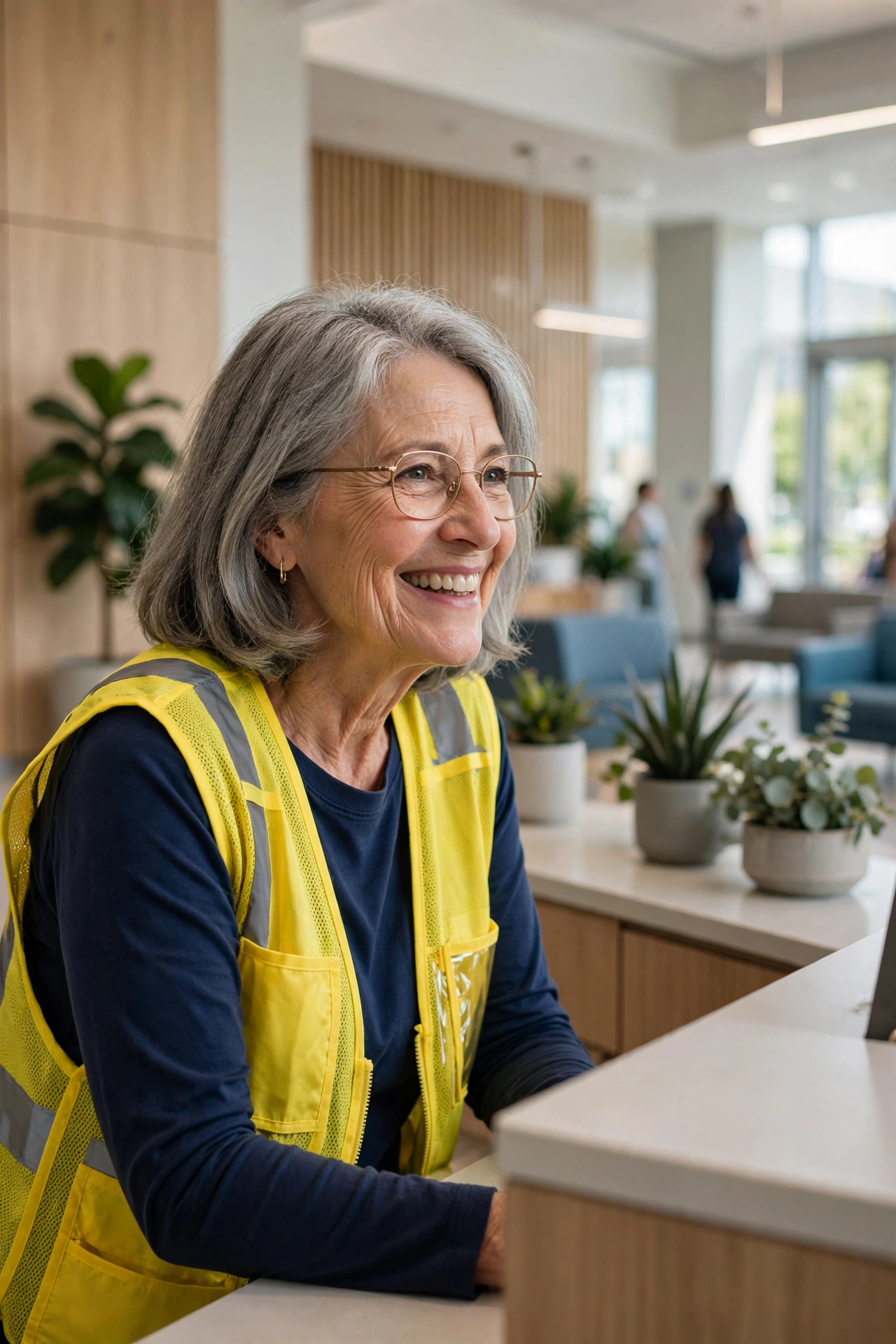 Smiling senior volunteer greeting visitors at a hospital information desk