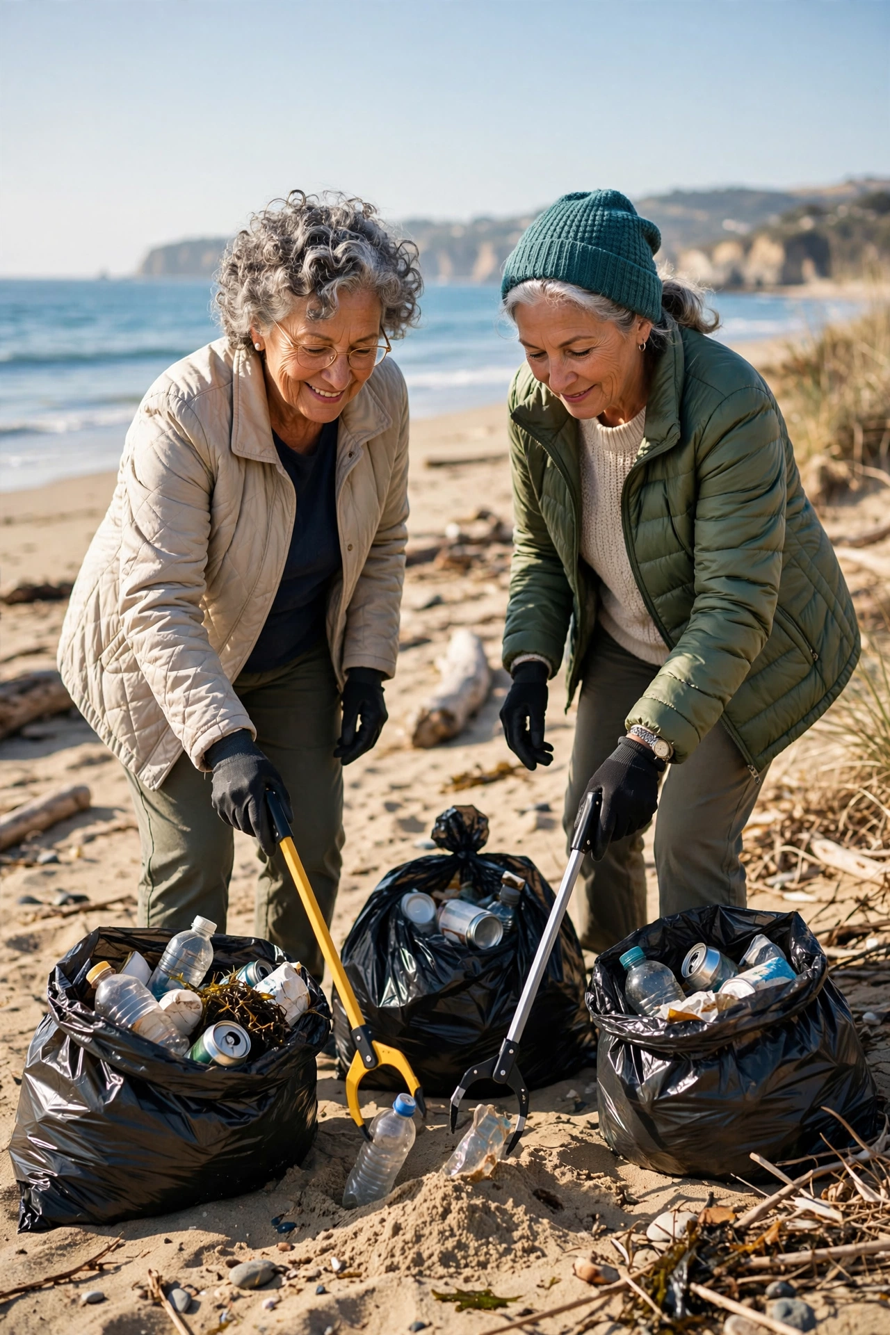 Two older women picking up litter on a beach cleanup morning