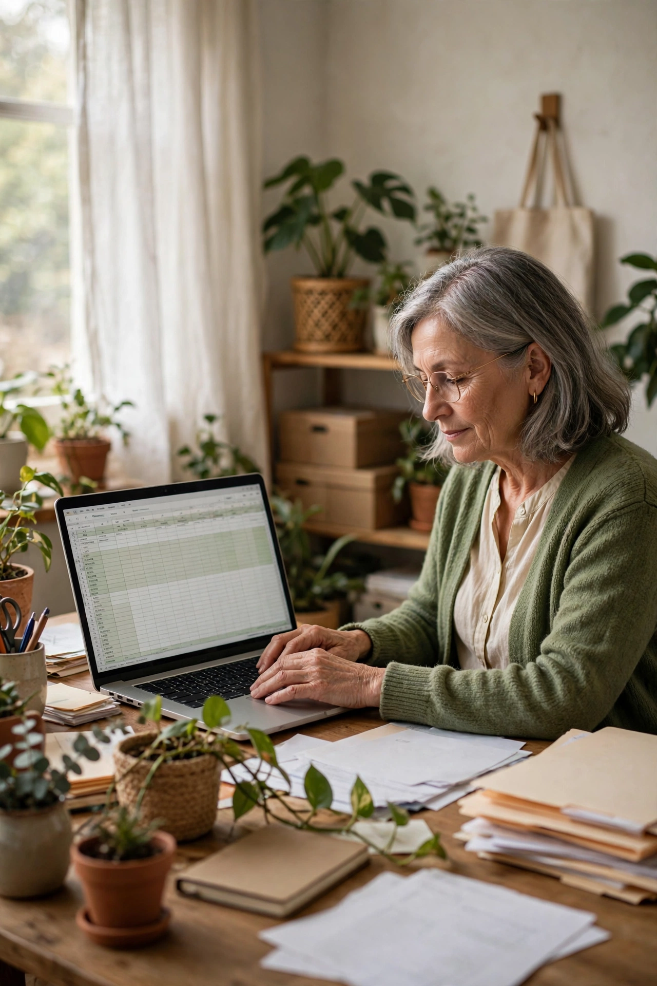 Retired professional working on nonprofit spreadsheets on a laptop