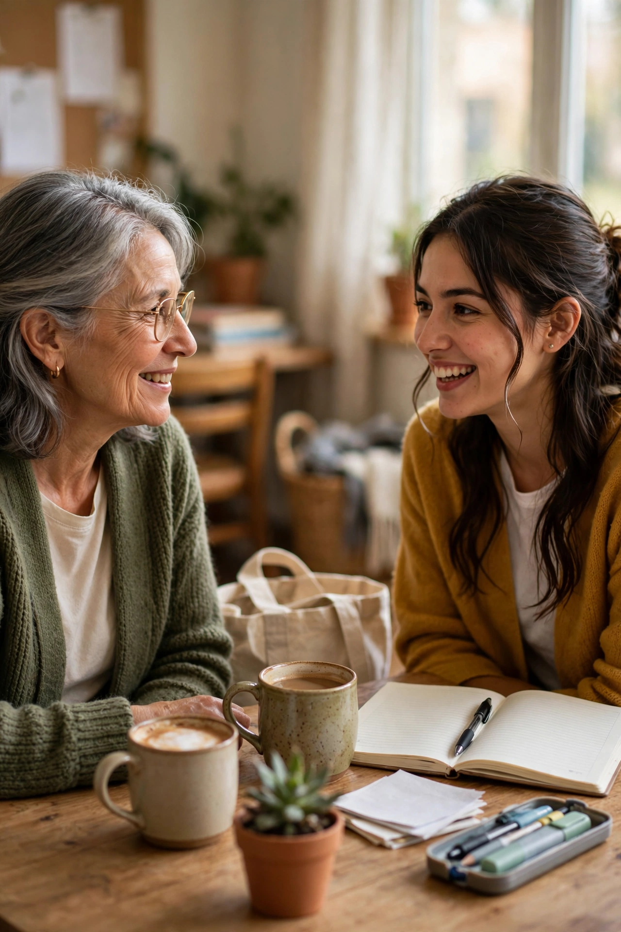 Senior woman chatting over coffee with an English language learner