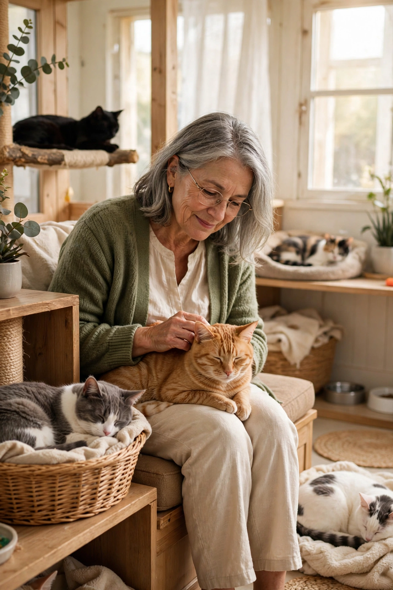 Woman in her 60s petting cats in an animal shelter cat room