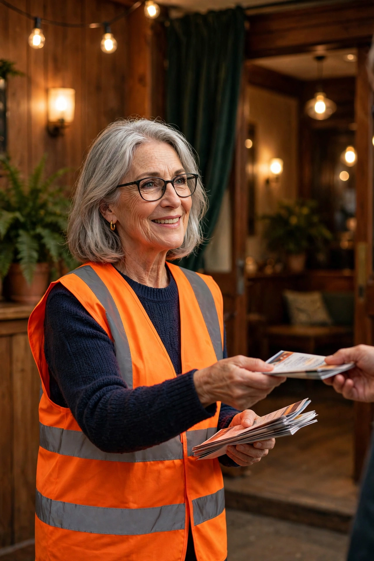 Older volunteer handing out programs at a community theater entrance