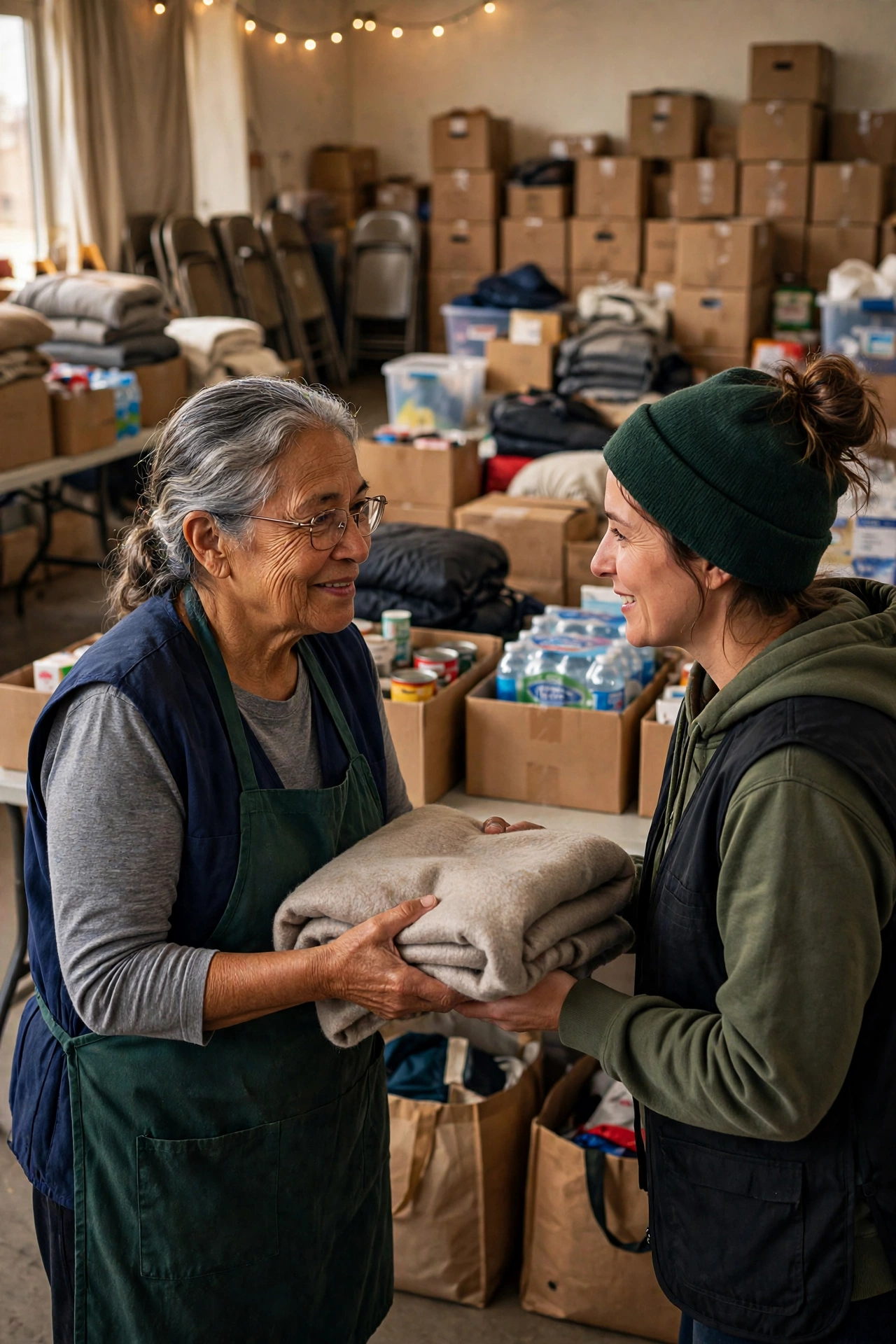 Volunteer handing a blanket to a helper at an emergency relief shelter