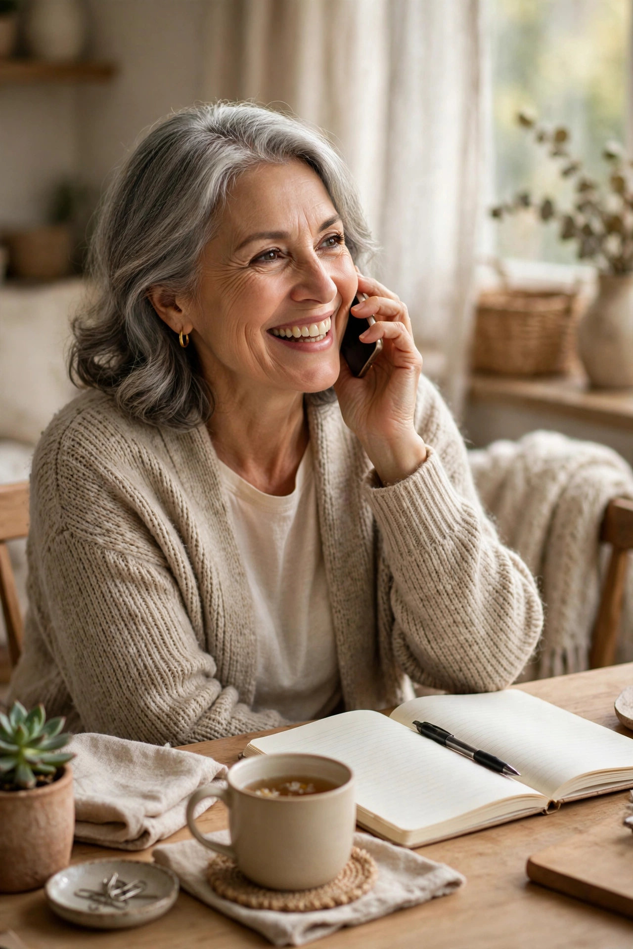 Cheerful woman in her 60s making a friendly check-in phone call from home