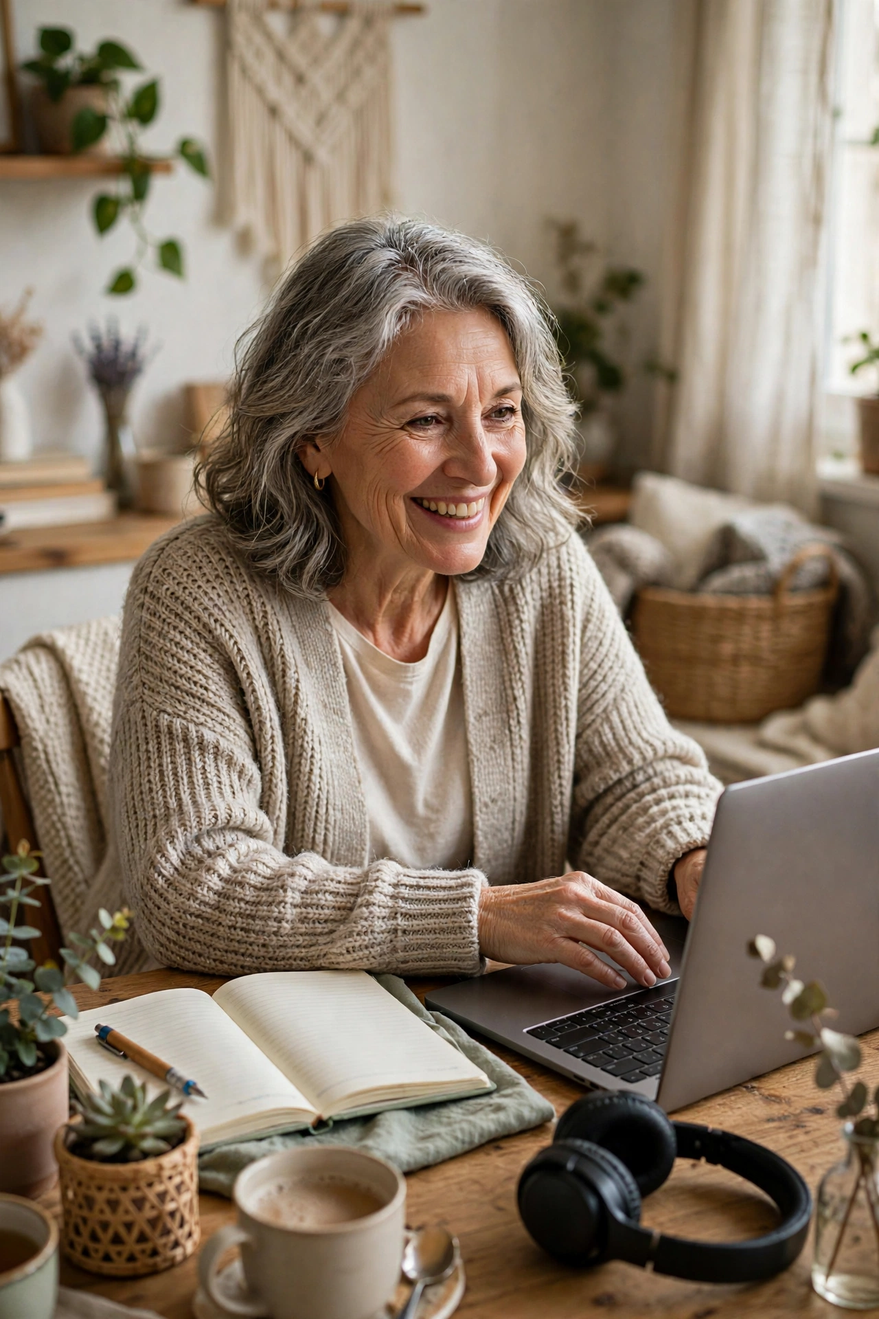 Older woman smiling on a video call while volunteering from her home desk
