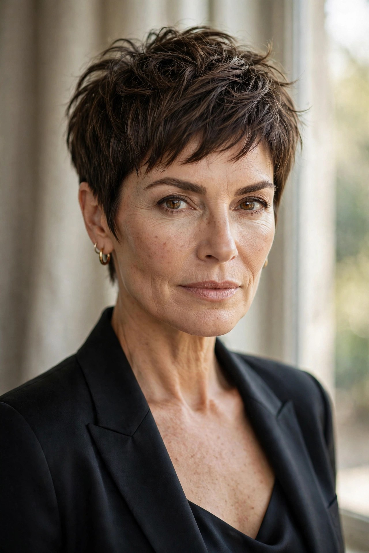Piecey pixie haircut with defined separated texture on a woman in her 50s