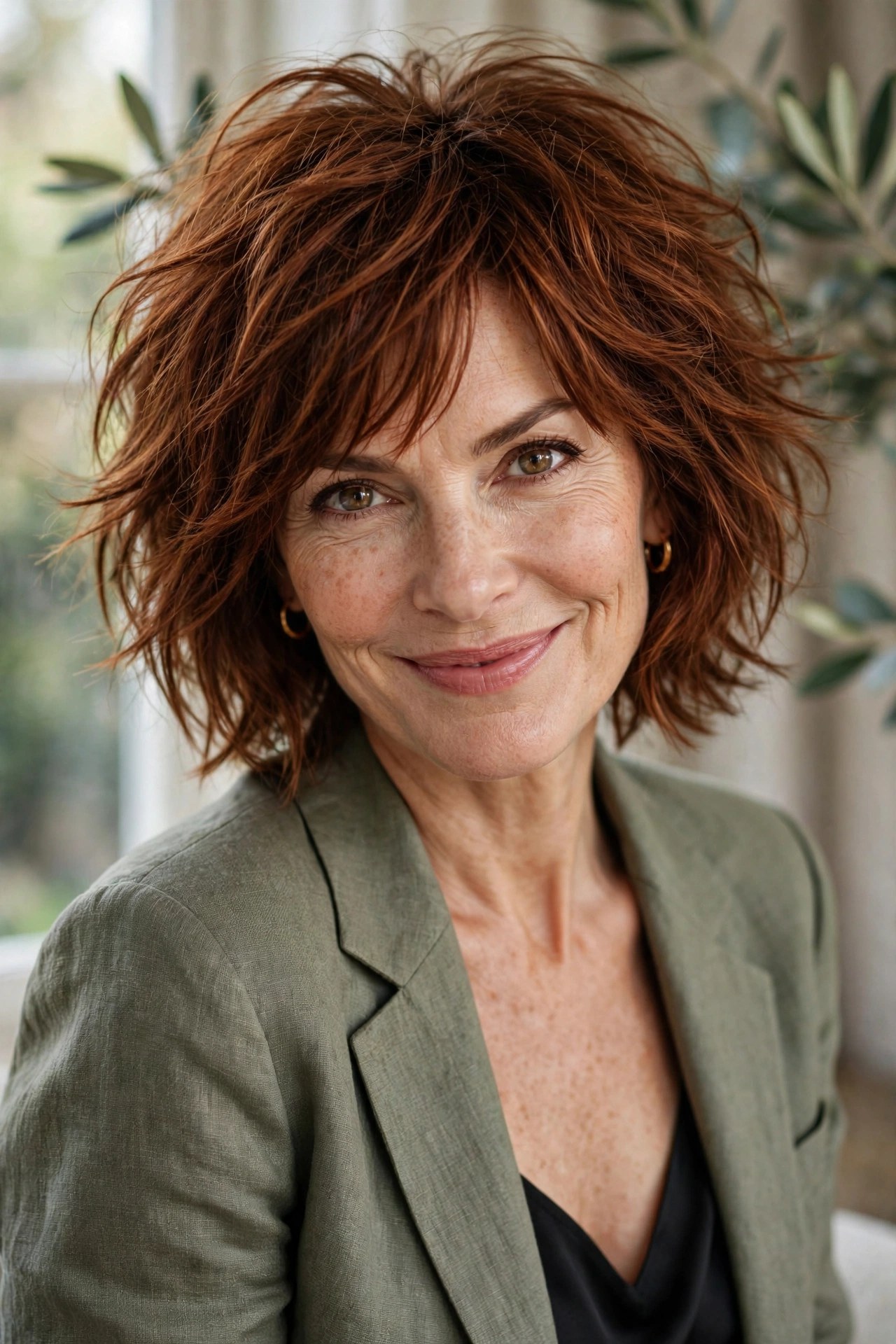 Tousled shaggy bob haircut with lived-in texture on a woman in her 50s