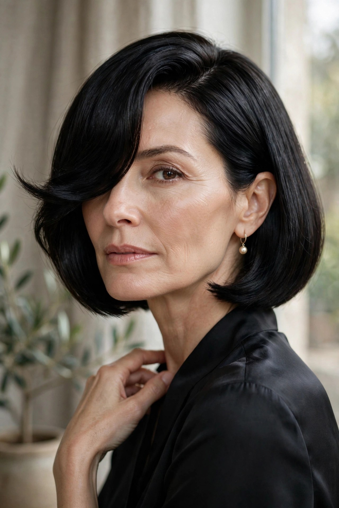 Chin-length bob with dramatic side-swept front on a woman in her 50s